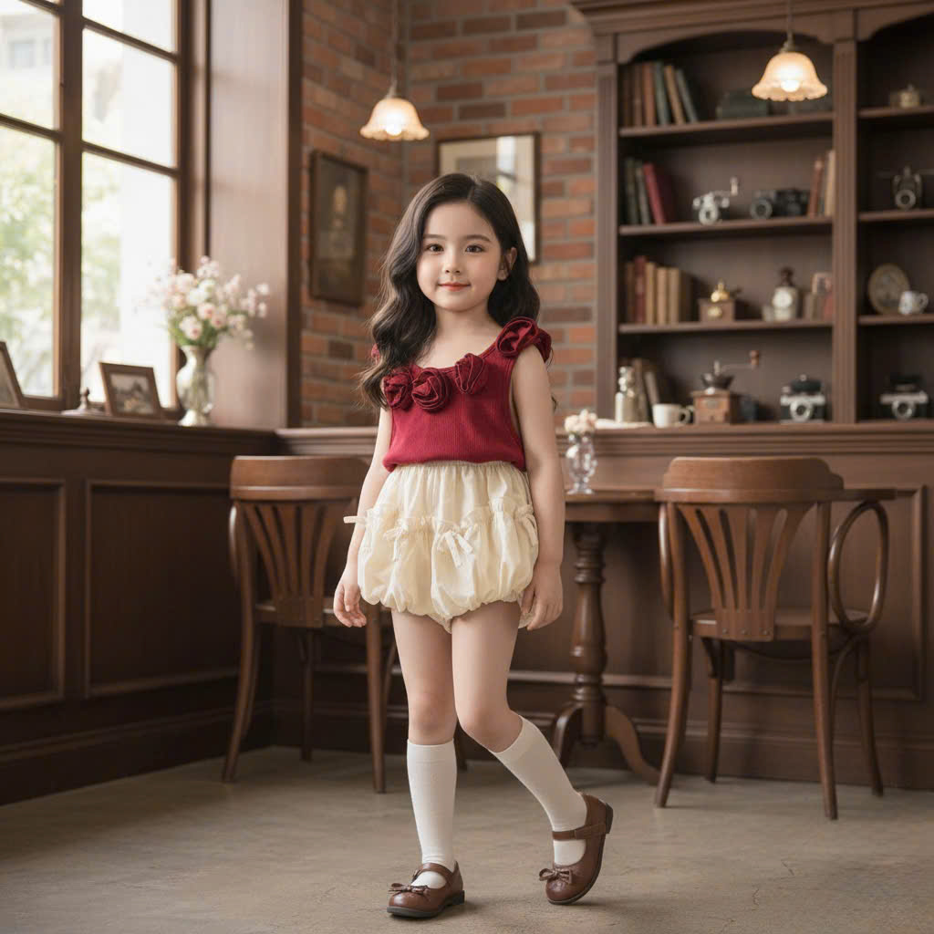 XẢ A309 - ÁO SÁT NÁCH ĐỎ HOA HỒNG QUẦN BÍ ĐŨI KEM