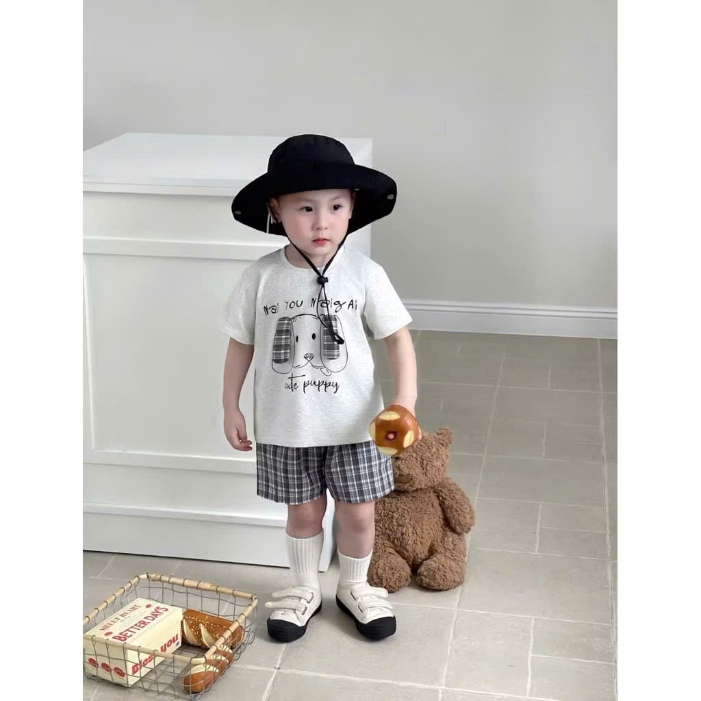 XẢ A317 - SET BỘ CÚN PUPPY TAI DÀI QUẦN CARO