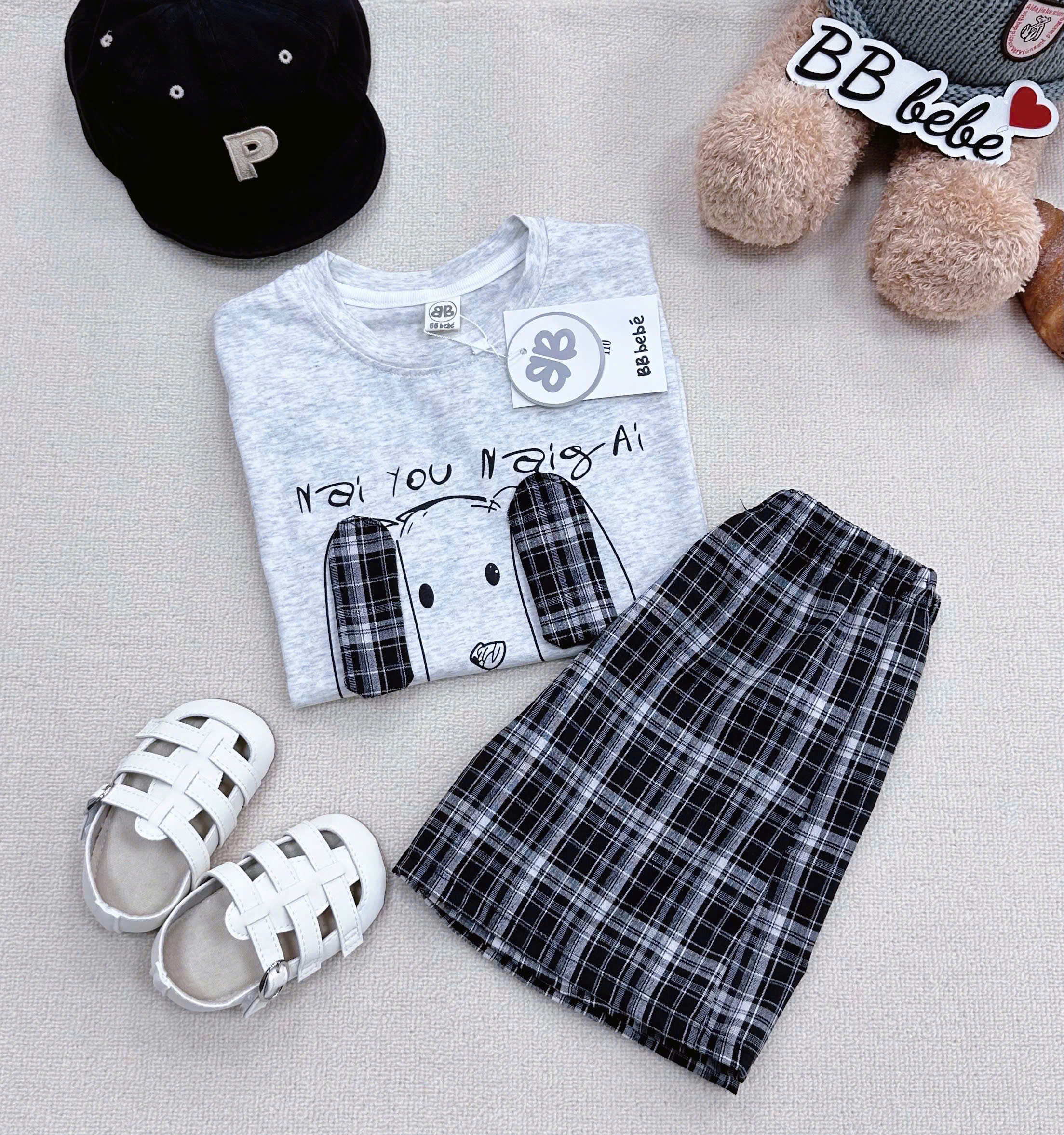 XẢ A317 - SET BỘ CÚN PUPPY TAI DÀI QUẦN CARO