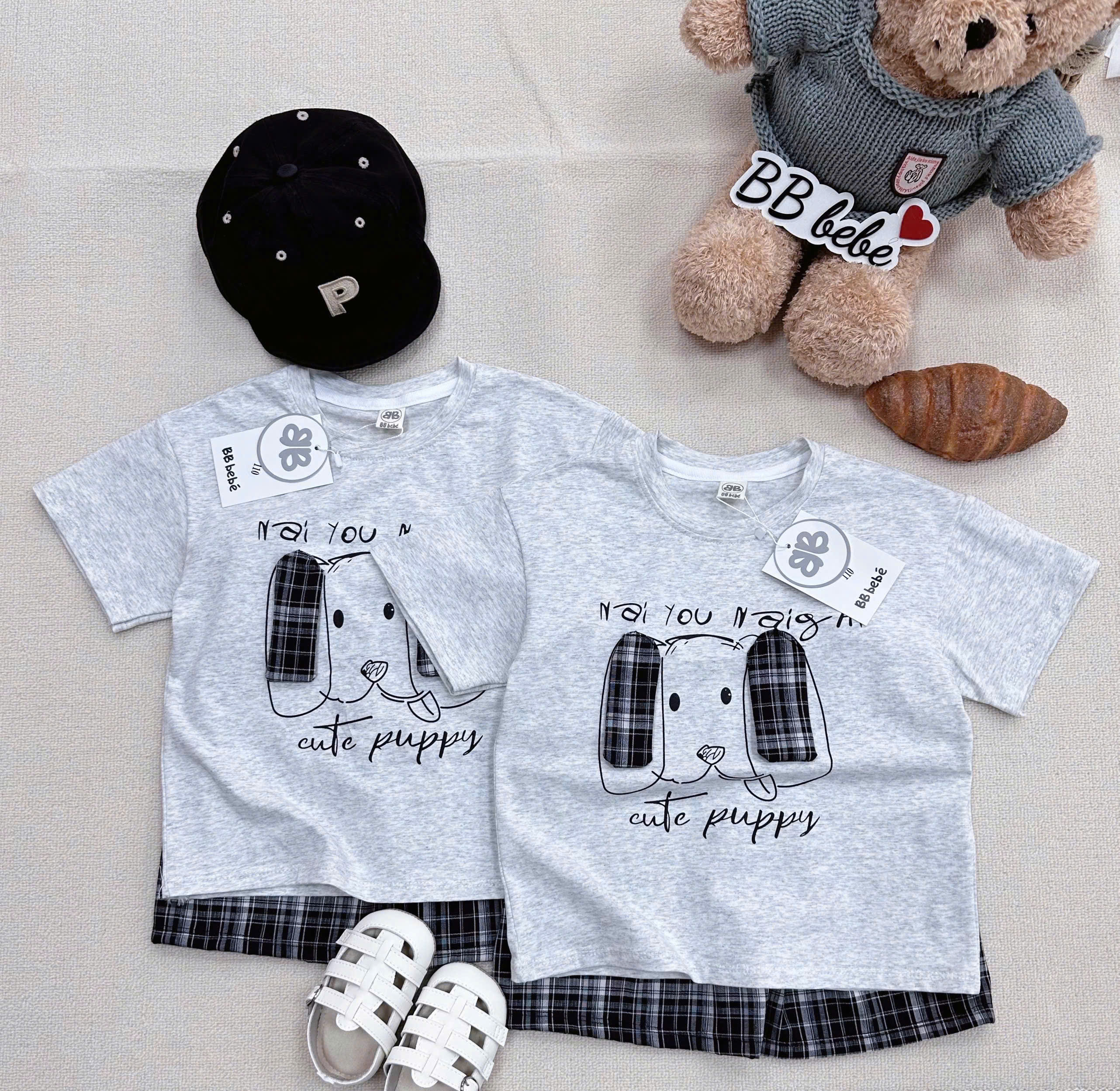 XẢ A317 - SET BỘ CÚN PUPPY TAI DÀI QUẦN CARO