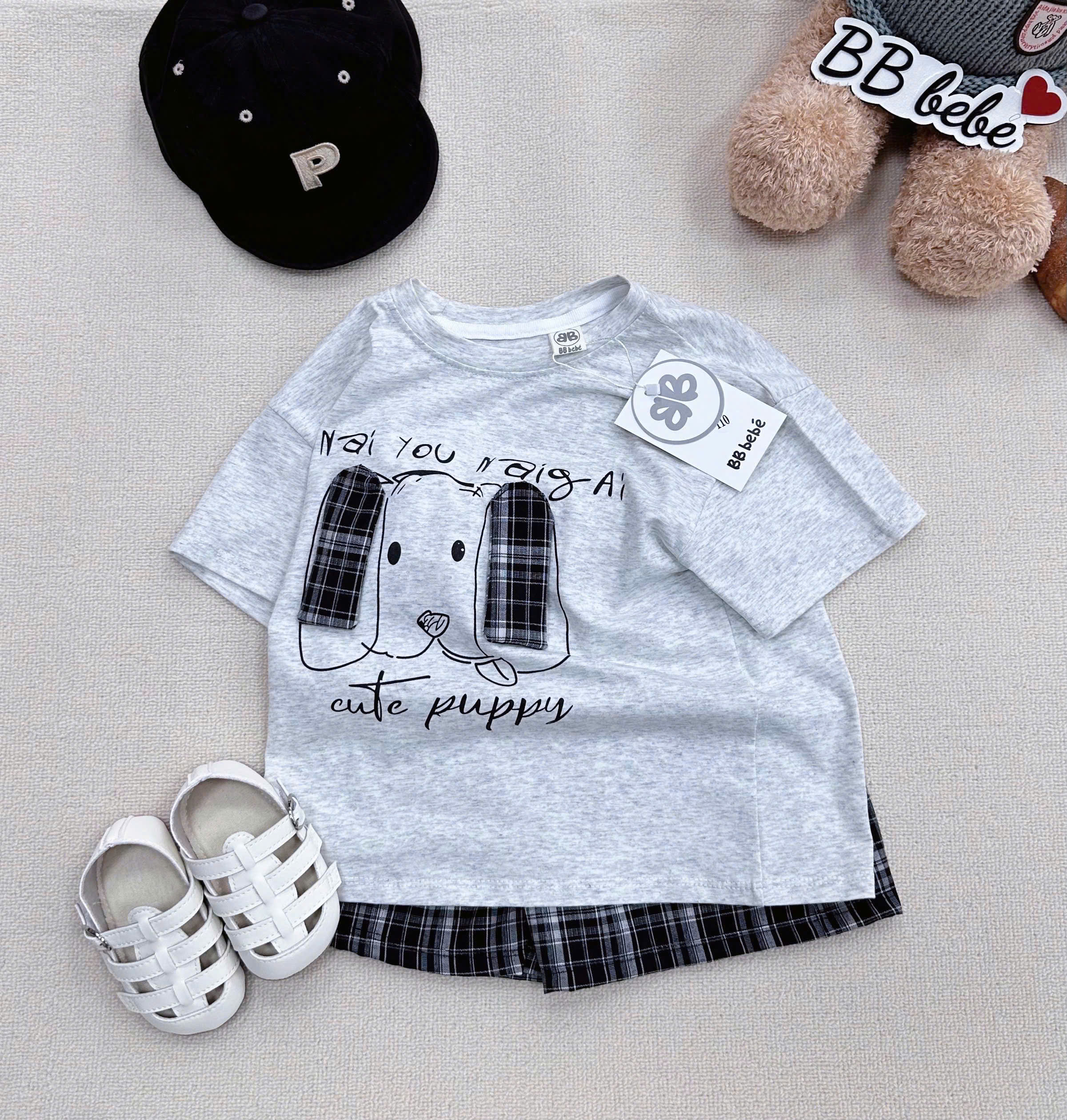 XẢ A317 - SET BỘ CÚN PUPPY TAI DÀI QUẦN CARO