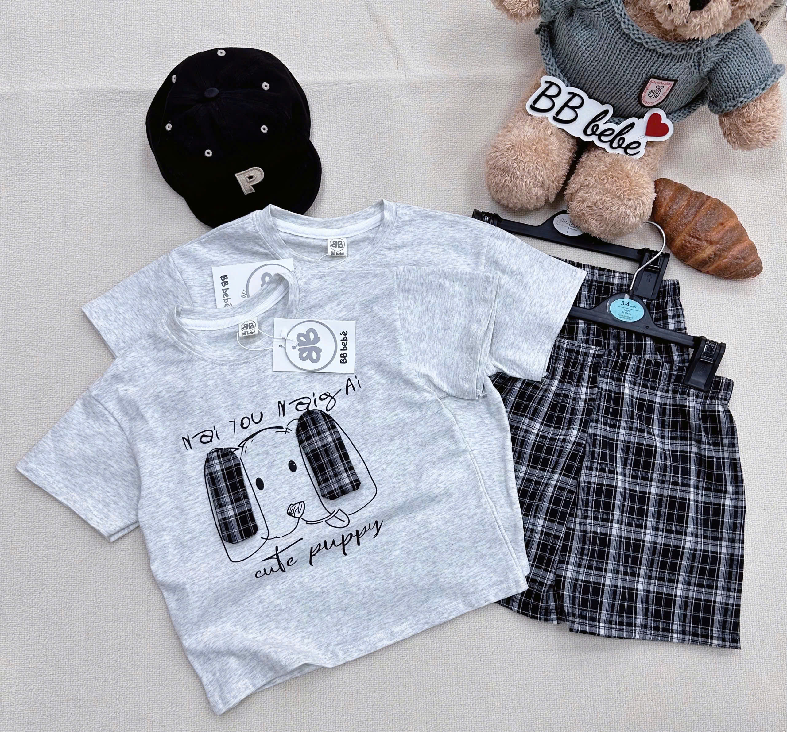 XẢ A317 - SET BỘ CÚN PUPPY TAI DÀI QUẦN CARO