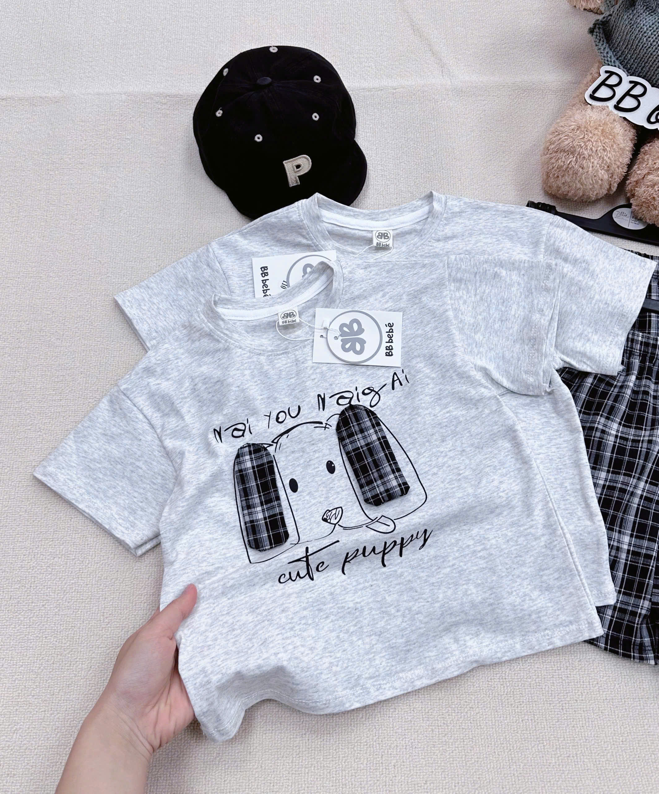 XẢ A317 - SET BỘ CÚN PUPPY TAI DÀI QUẦN CARO