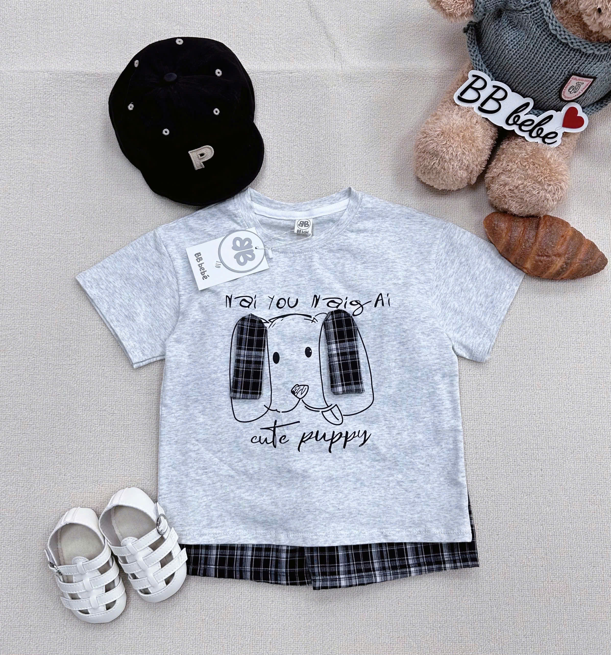 XẢ A317 - SET BỘ CÚN PUPPY TAI DÀI QUẦN CARO