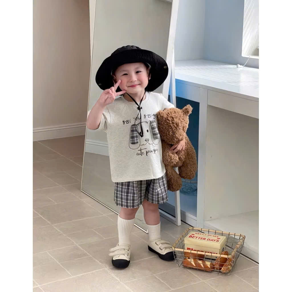 XẢ A317 - SET BỘ CÚN PUPPY TAI DÀI QUẦN CARO