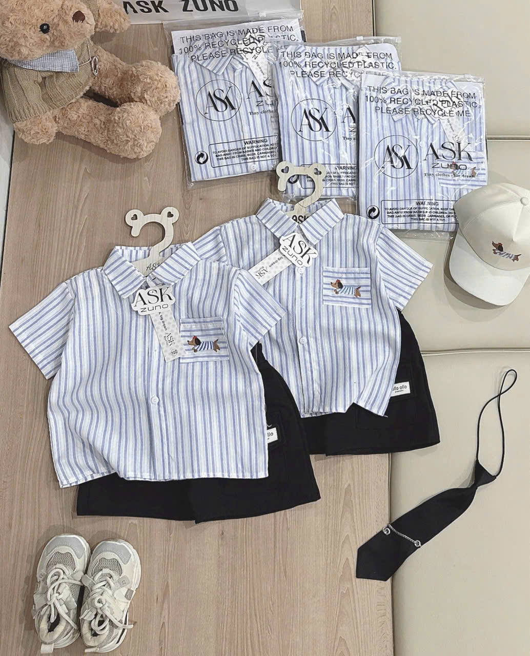 XẢ A341 - SET BÉ TRAI SƠ MI SỌC XANH KÈM MŨ