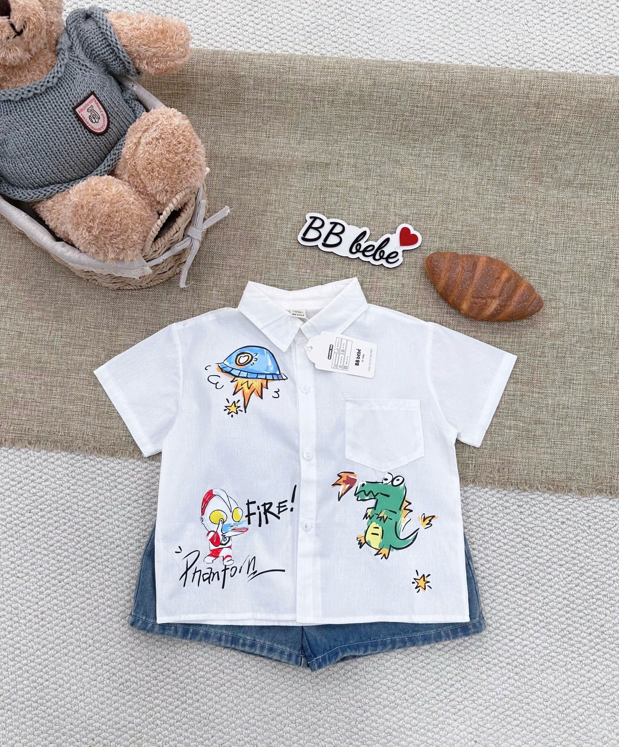 A360 - SET SƠ MI TRẮNG KHỦNG LONG QUẦN JEAN