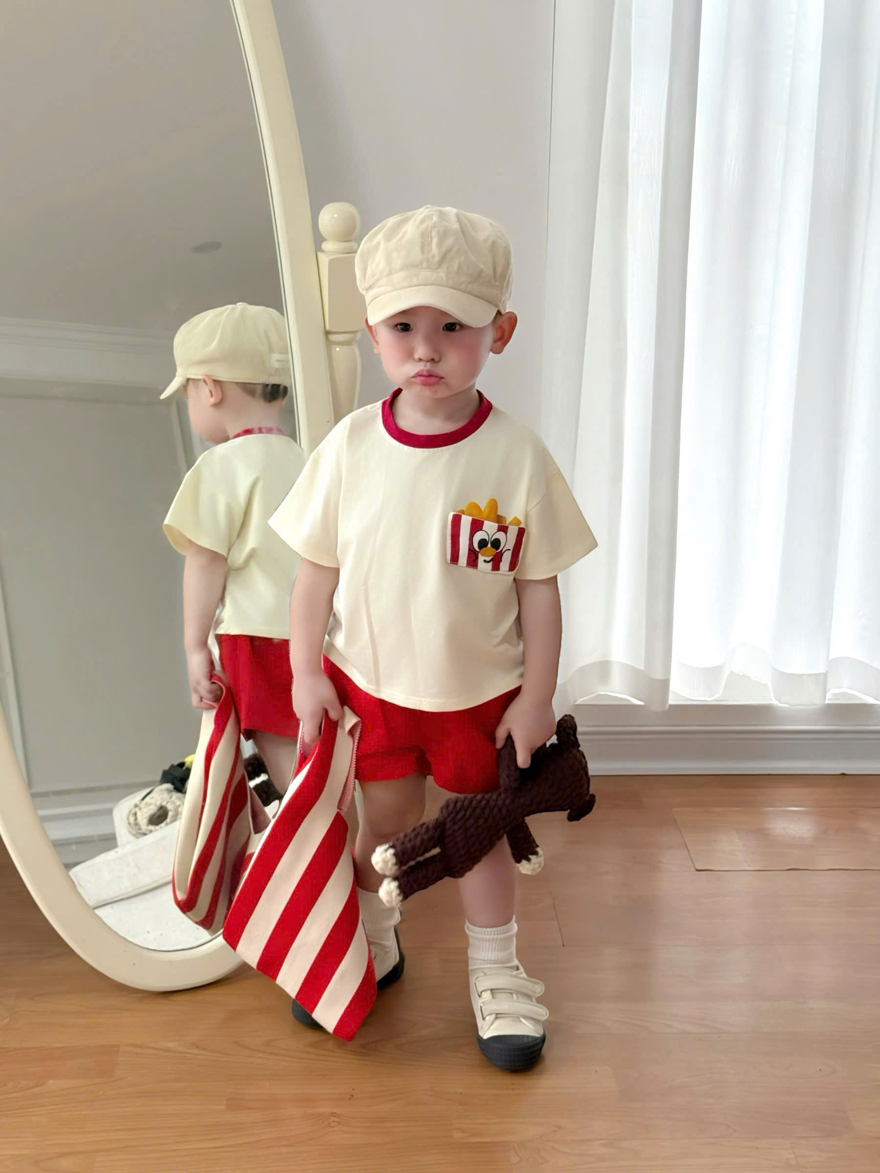 XẢ A365 - SET 3 ÁO HỌA TIẾT THỨC ĂN VÀNG KEM KẺ XANH