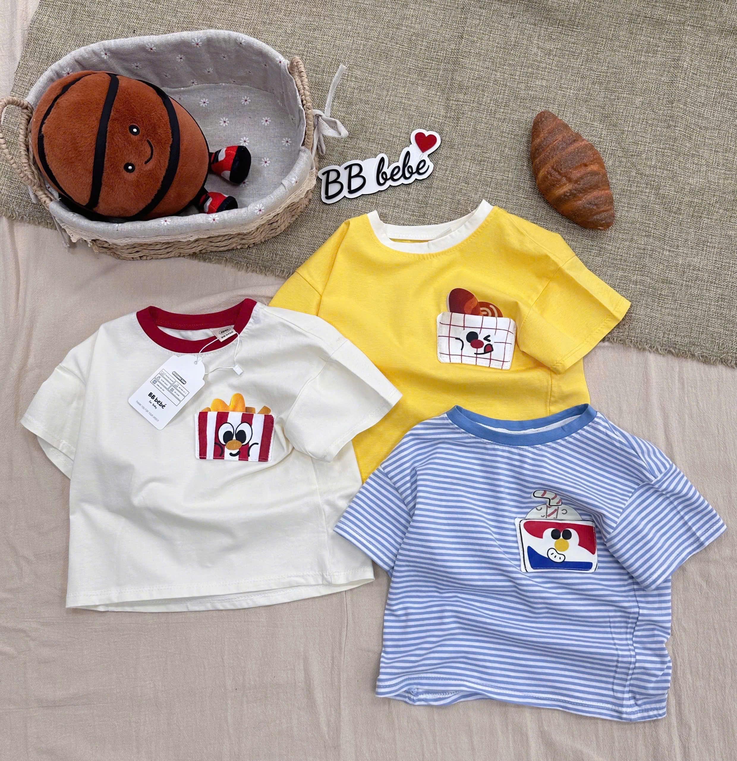 XẢ A365 - SET 3 ÁO HỌA TIẾT THỨC ĂN VÀNG KEM KẺ XANH