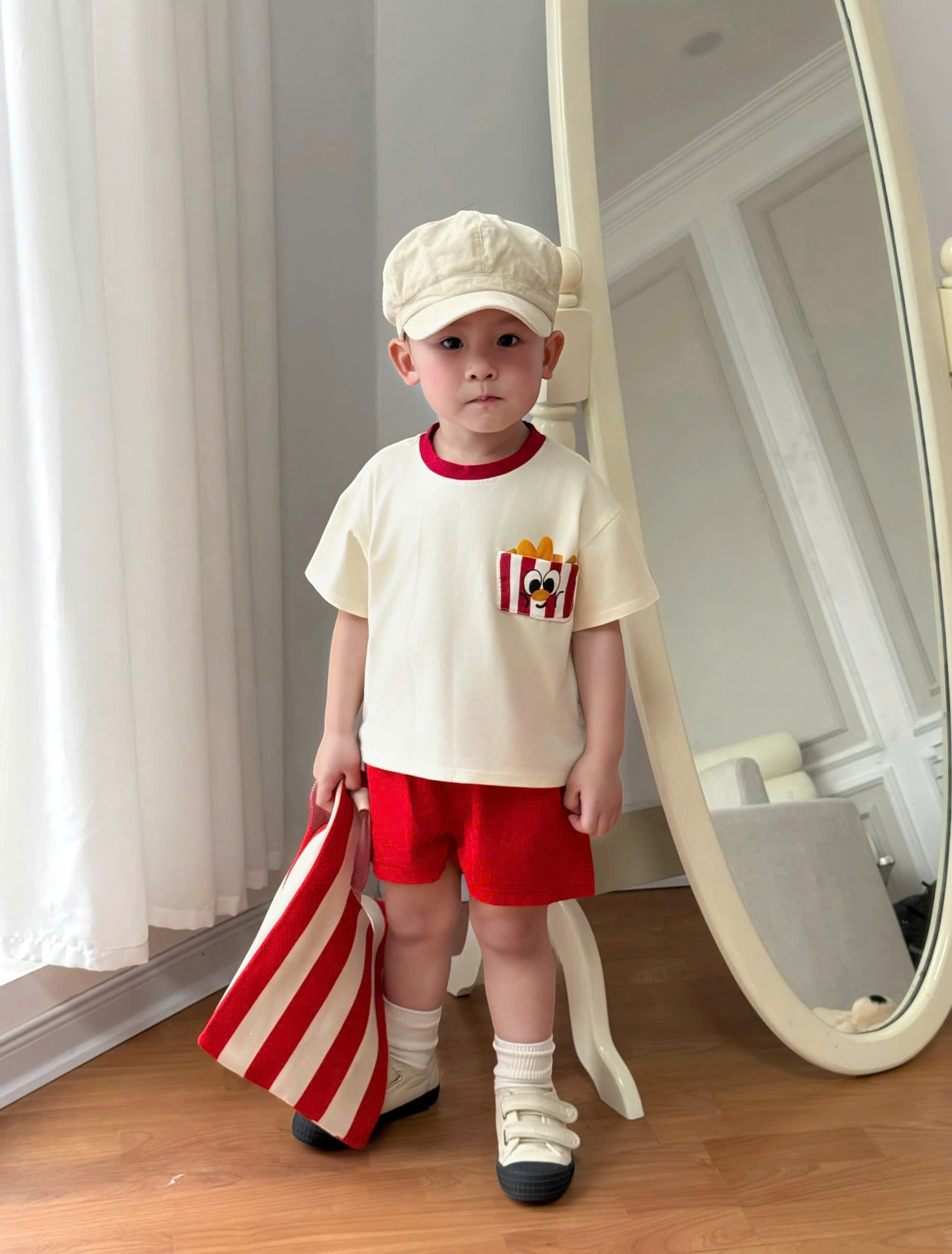 XẢ A365 - SET 3 ÁO HỌA TIẾT THỨC ĂN VÀNG KEM KẺ XANH