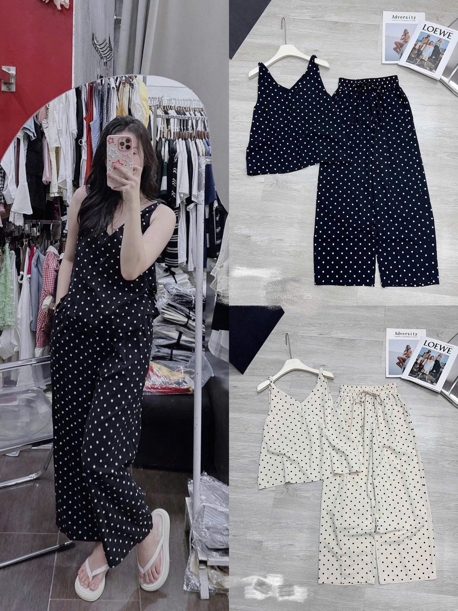 XẢ A366 - SET BỘ NỮ 2 DÂY CHẤM BI KEM ĐEN