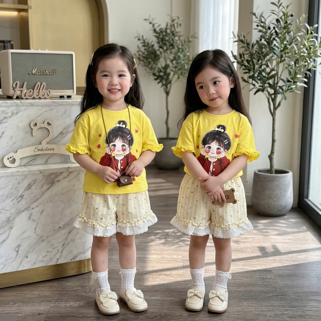 XẢ A405 - SET BÉ GÁI DÂU TÂY VIỀN TAY BÈO QUẦN REN HOA NHÍ