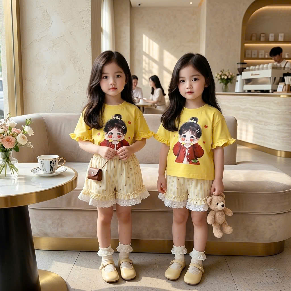 XẢ A405 - SET BÉ GÁI DÂU TÂY VIỀN TAY BÈO QUẦN REN HOA NHÍ