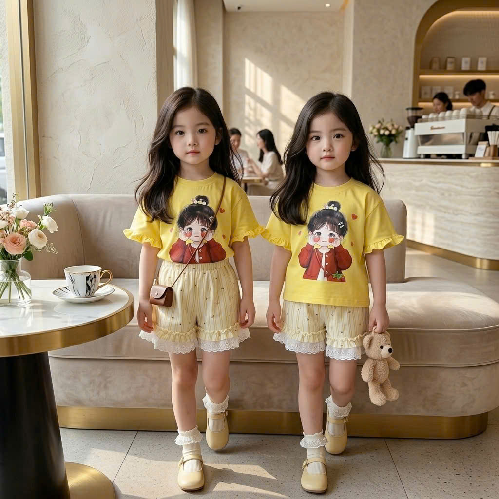 XẢ A405 - SET BÉ GÁI DÂU TÂY VIỀN TAY BÈO QUẦN REN HOA NHÍ