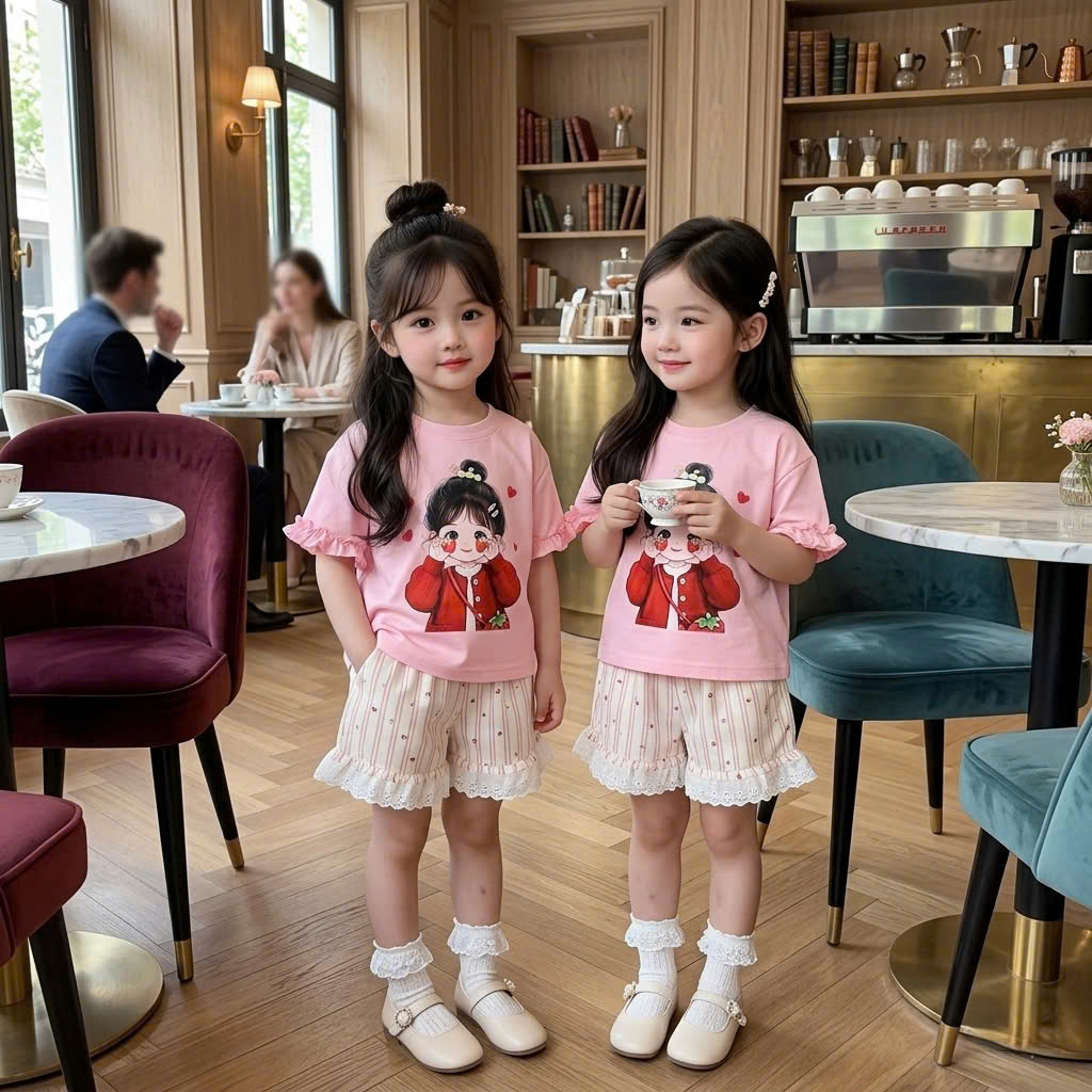 XẢ A405 - SET BÉ GÁI DÂU TÂY VIỀN TAY BÈO QUẦN REN HOA NHÍ