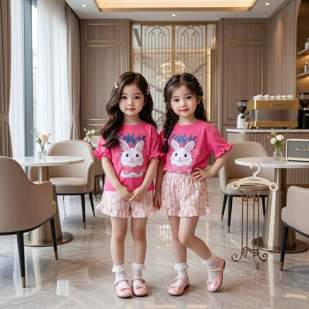 XẢ A406 - SET BỘ THỎ HỒNG COOK TAY PHỐI VIỀN BÈO QUẦN ĐŨI