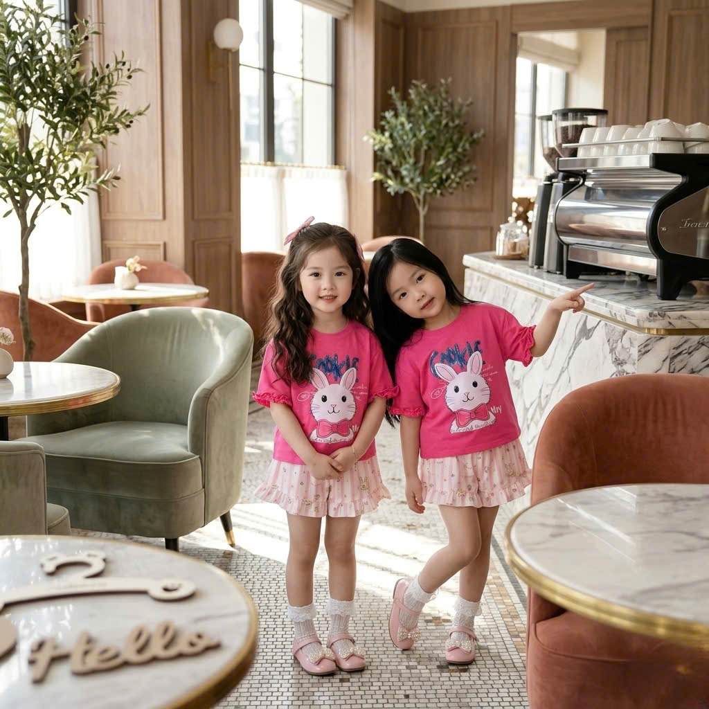 XẢ A406 - SET BỘ THỎ HỒNG COOK TAY PHỐI VIỀN BÈO QUẦN ĐŨI