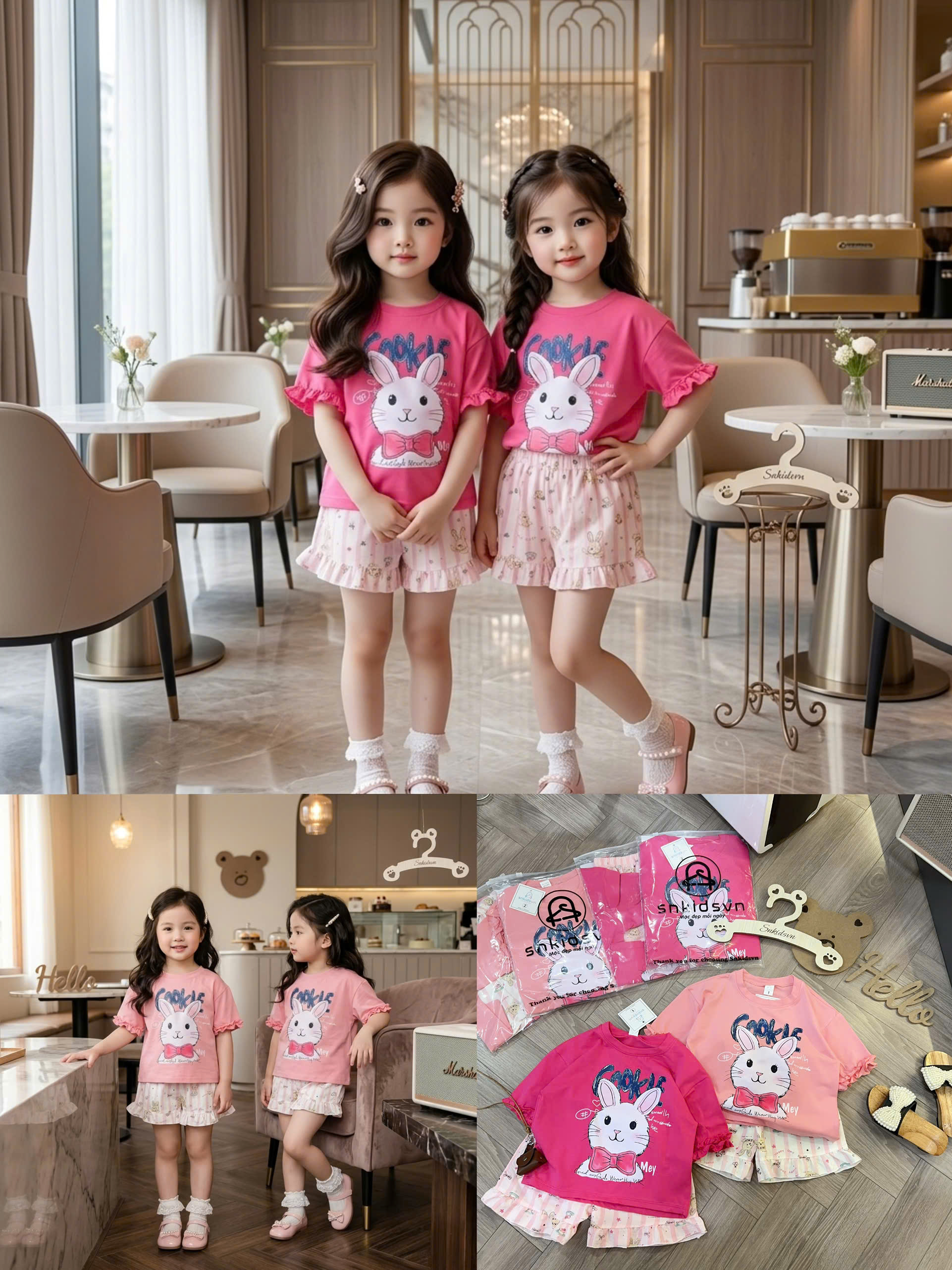 XẢ A406 - SET BỘ THỎ HỒNG COOK TAY PHỐI VIỀN BÈO QUẦN ĐŨI