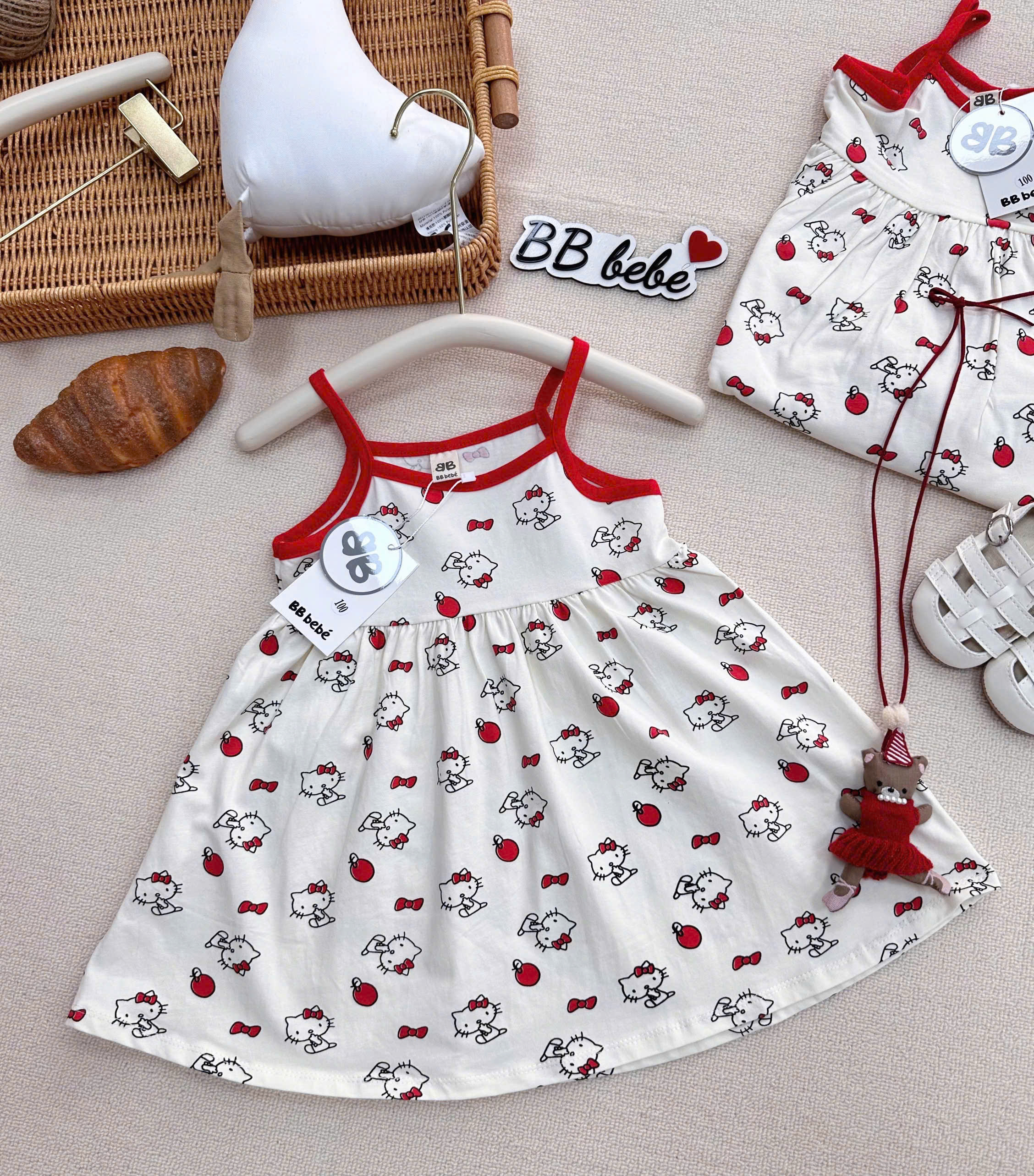 XẢ A488 - SET 2 VÁY 2 DÂY KITTY ĐỎ TRẮNG