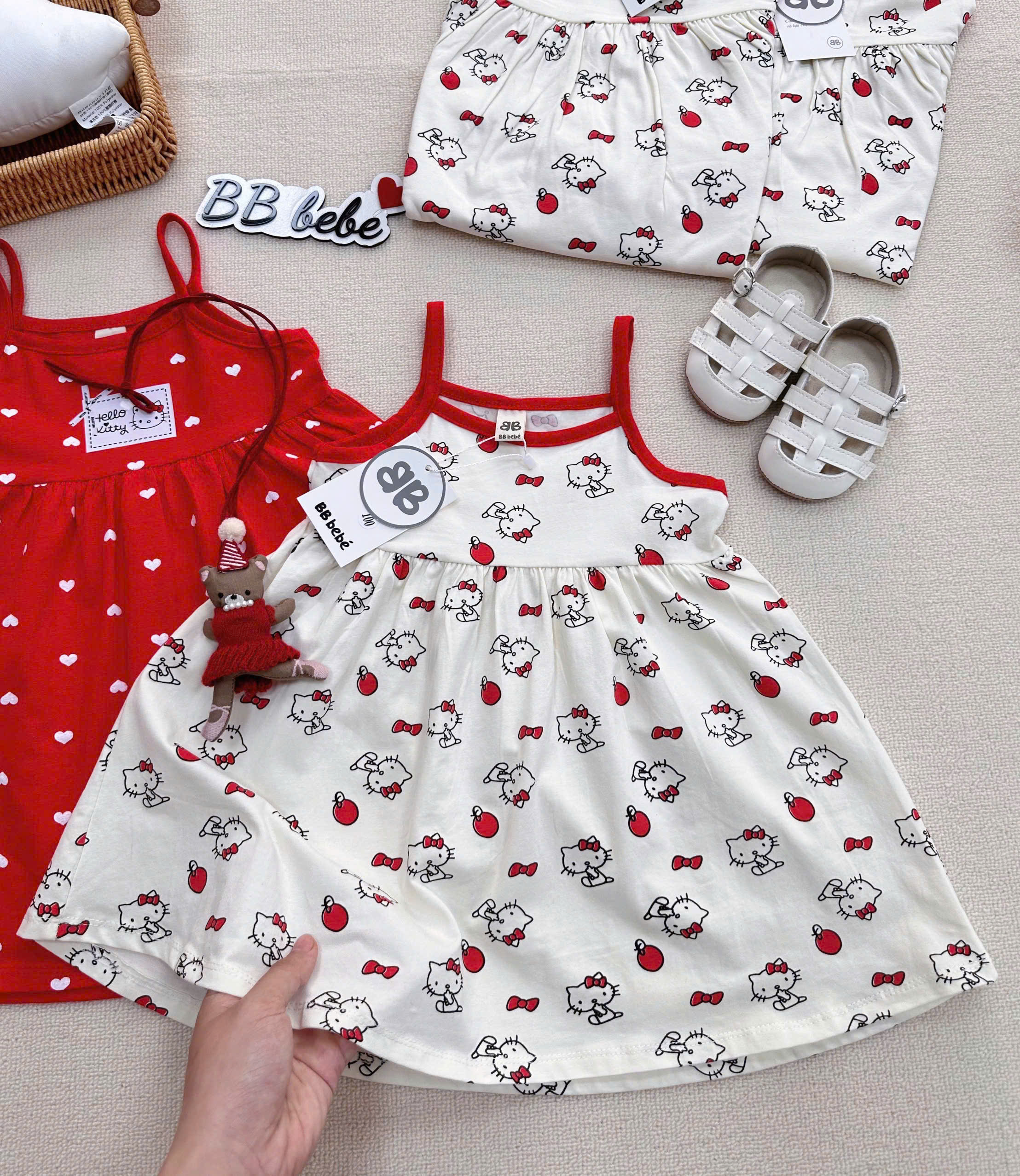 XẢ A488 - SET 2 VÁY 2 DÂY KITTY ĐỎ TRẮNG