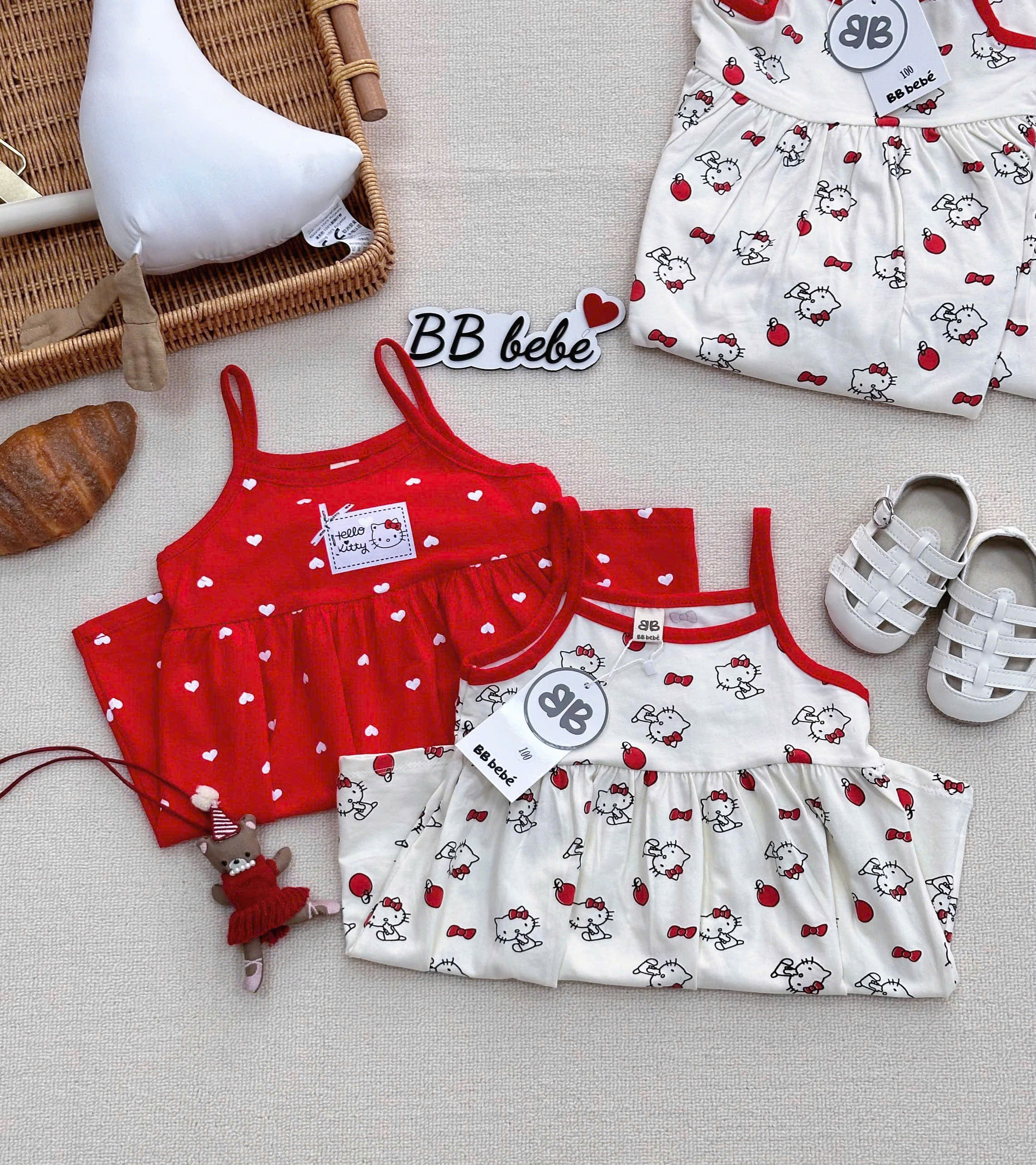 XẢ A488 - SET 2 VÁY 2 DÂY KITTY ĐỎ TRẮNG