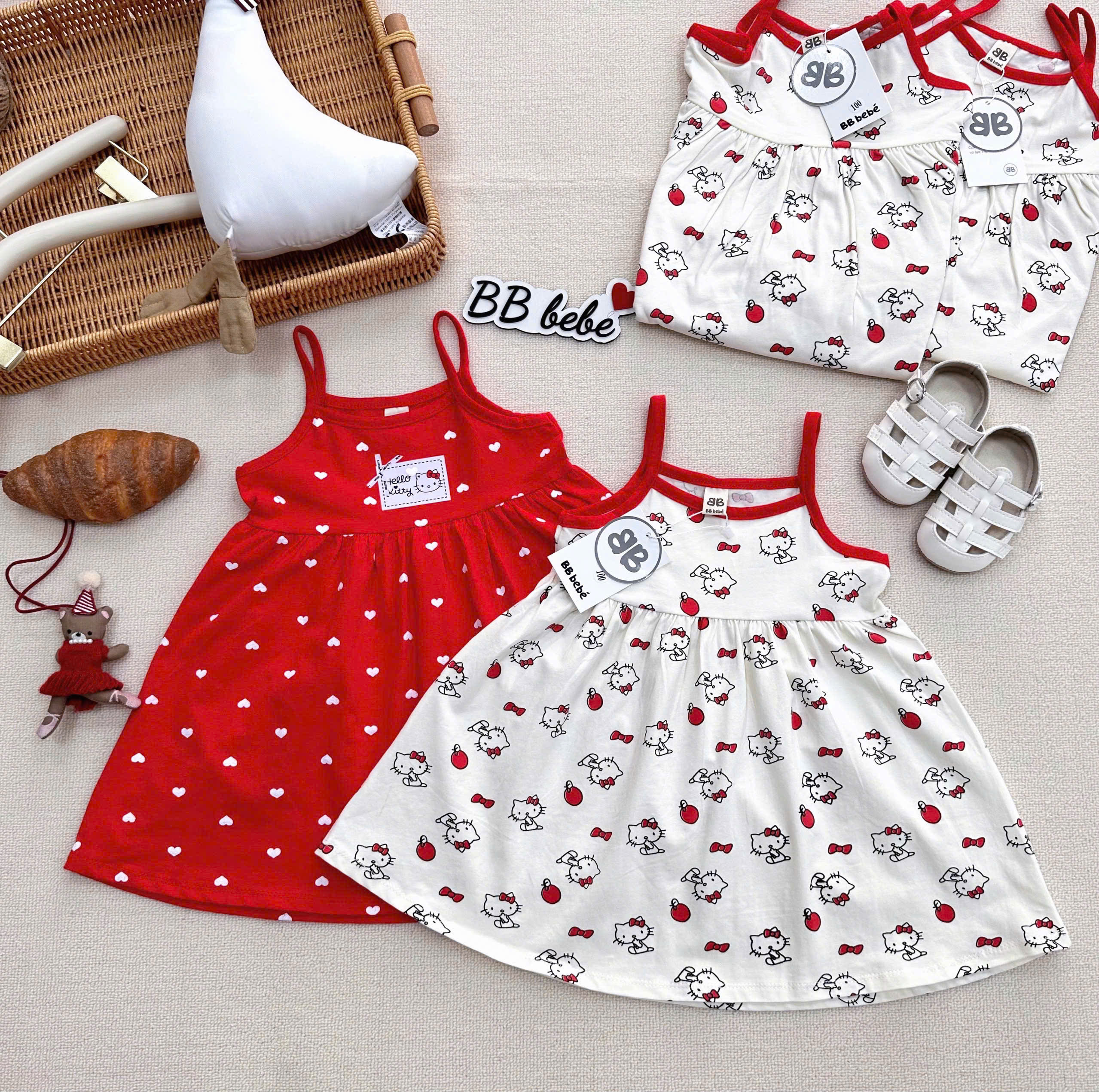XẢ A488 - SET 2 VÁY 2 DÂY KITTY ĐỎ TRẮNG