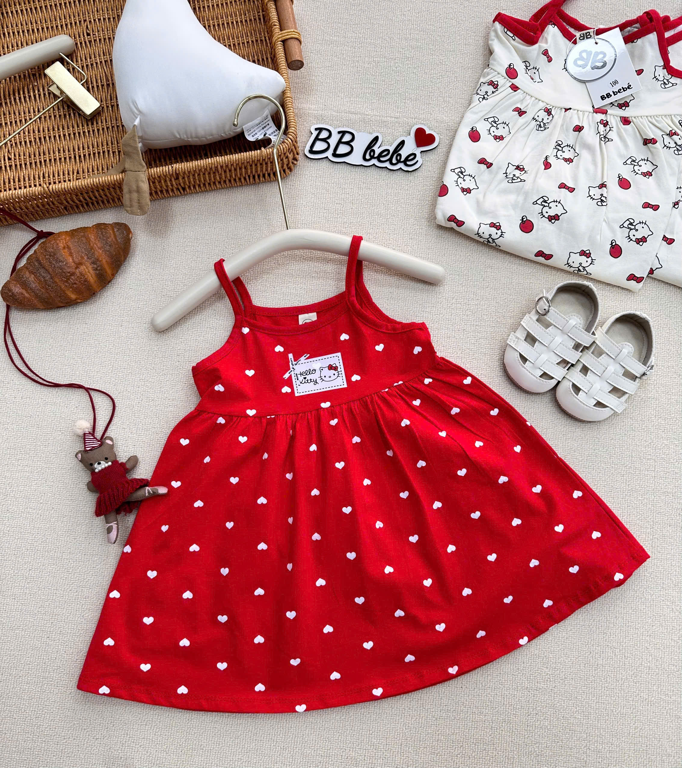 XẢ A488 - SET 2 VÁY 2 DÂY KITTY ĐỎ TRẮNG