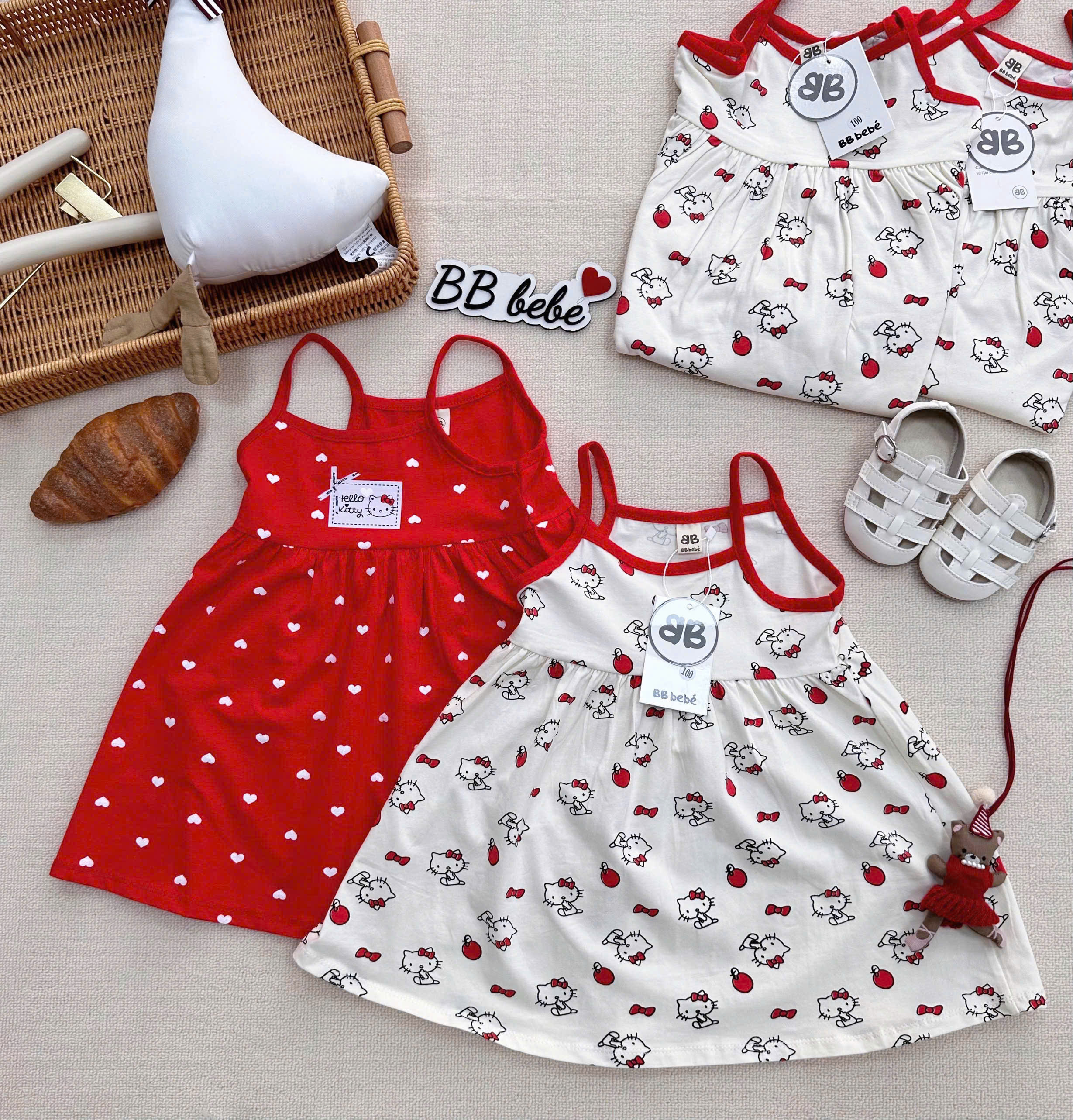 XẢ A488 - SET 2 VÁY 2 DÂY KITTY ĐỎ TRẮNG