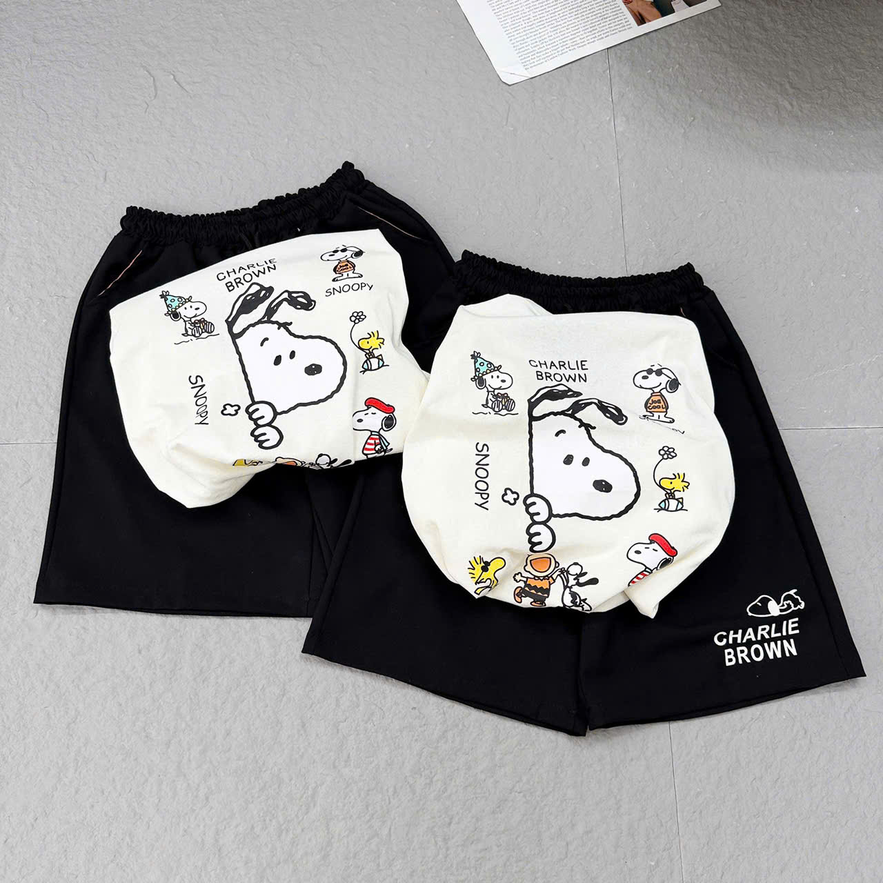 XẢ A493 - SET ÁO PHÔNG TRẮNG SNOOPY QUẦN ĐEN SIZE NHỠ
