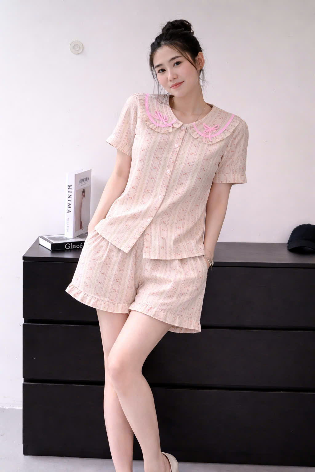 XẢ A496 - SET PIJAMA NGẮN CỔ SEN HOA HỒNG NHÍ