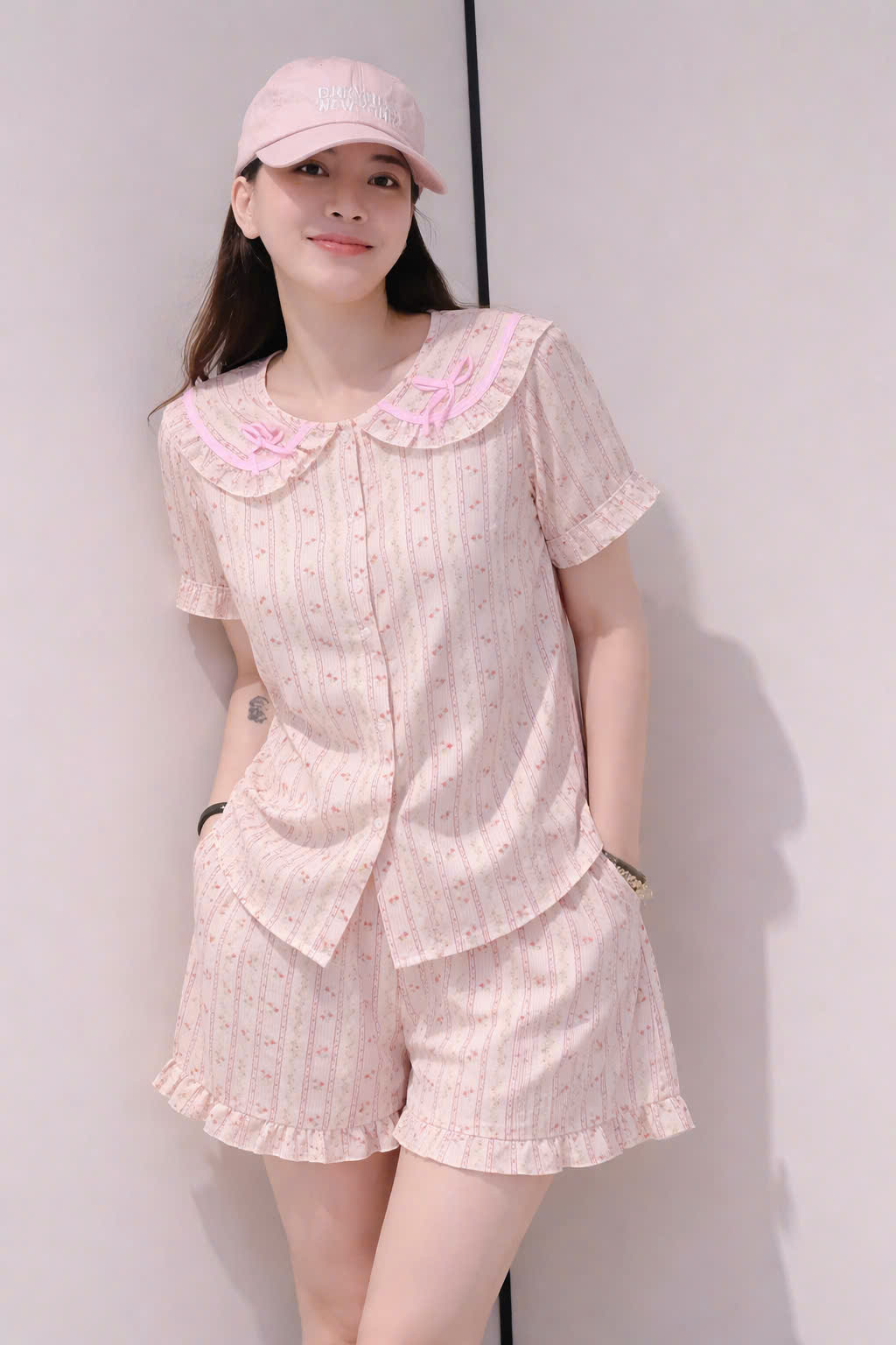 XẢ A496 - SET PIJAMA NGẮN CỔ SEN HOA HỒNG NHÍ