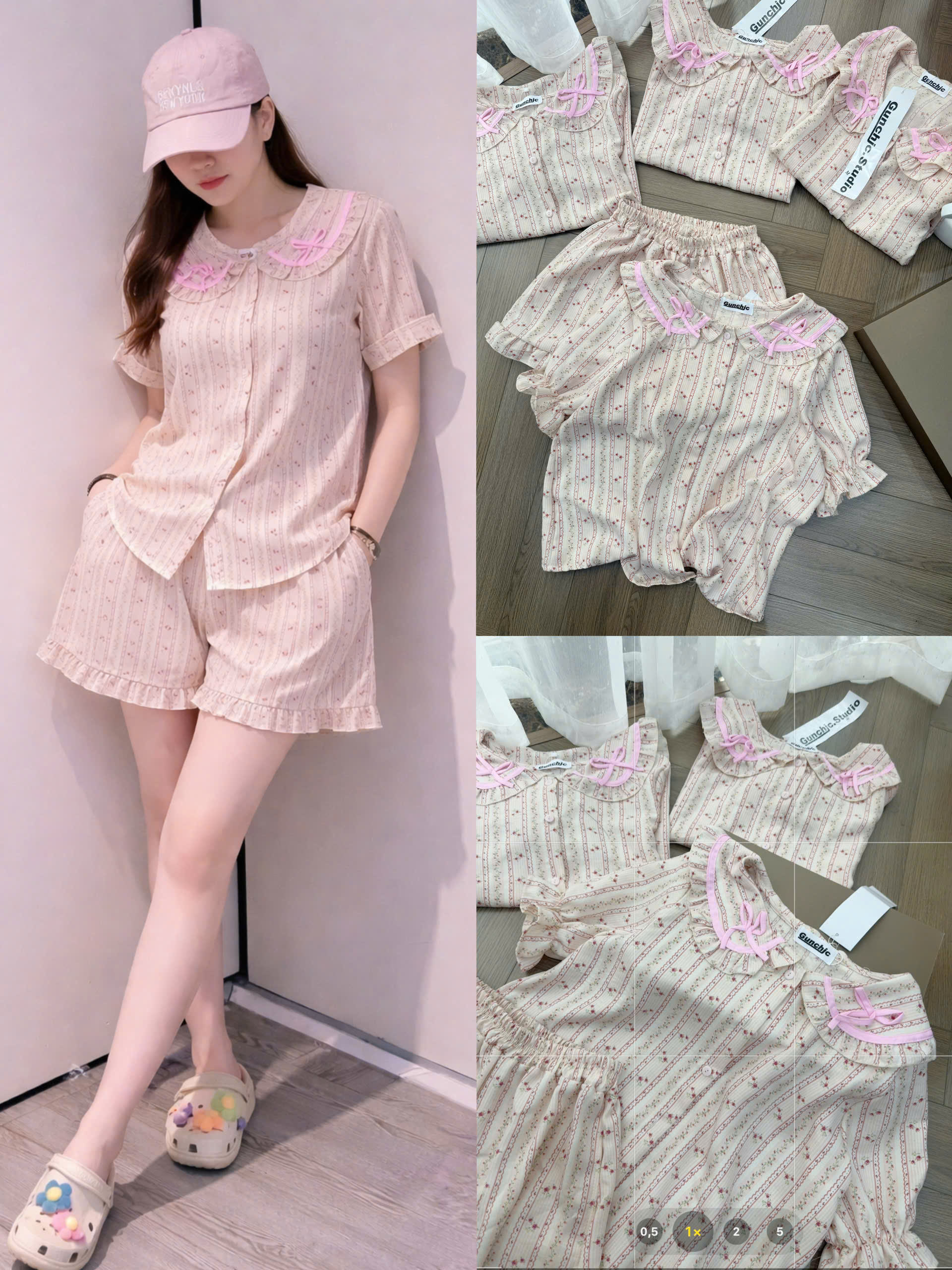XẢ A496 - SET PIJAMA NGẮN CỔ SEN HOA HỒNG NHÍ