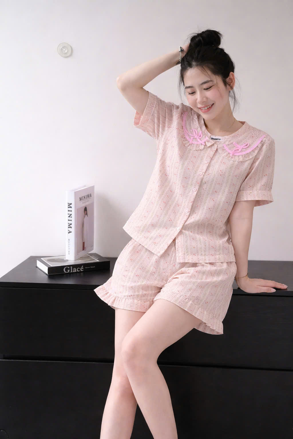 XẢ A496 - SET PIJAMA NGẮN CỔ SEN HOA HỒNG NHÍ