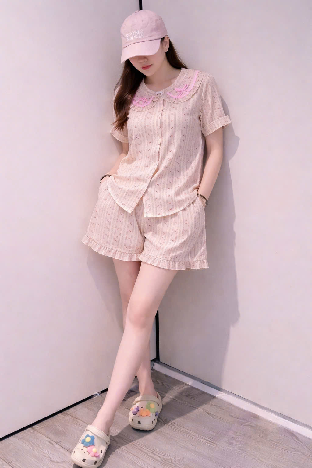 XẢ A496 - SET PIJAMA NGẮN CỔ SEN HOA HỒNG NHÍ