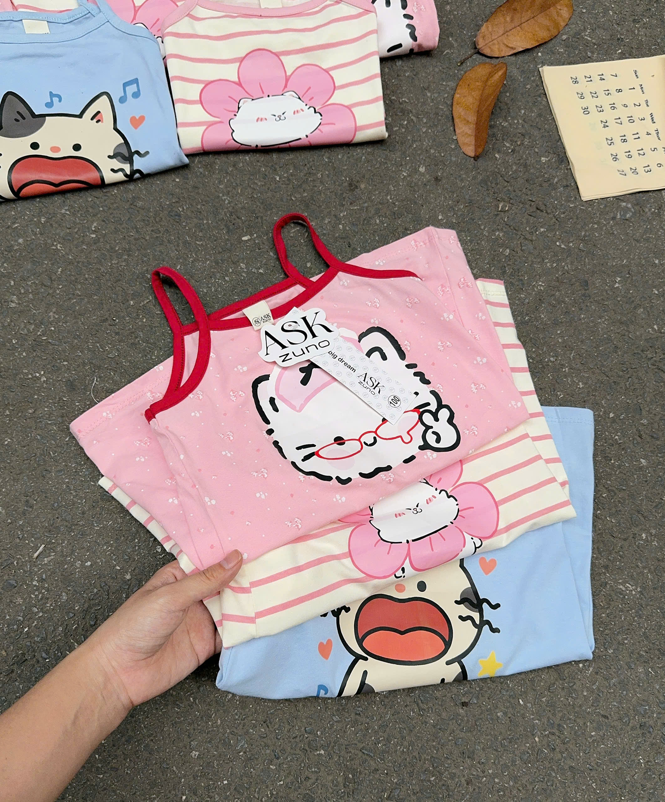XẢ A516 - SET 3 VÁY 2 DÂY MÈO HỒNG XANH KẺ
