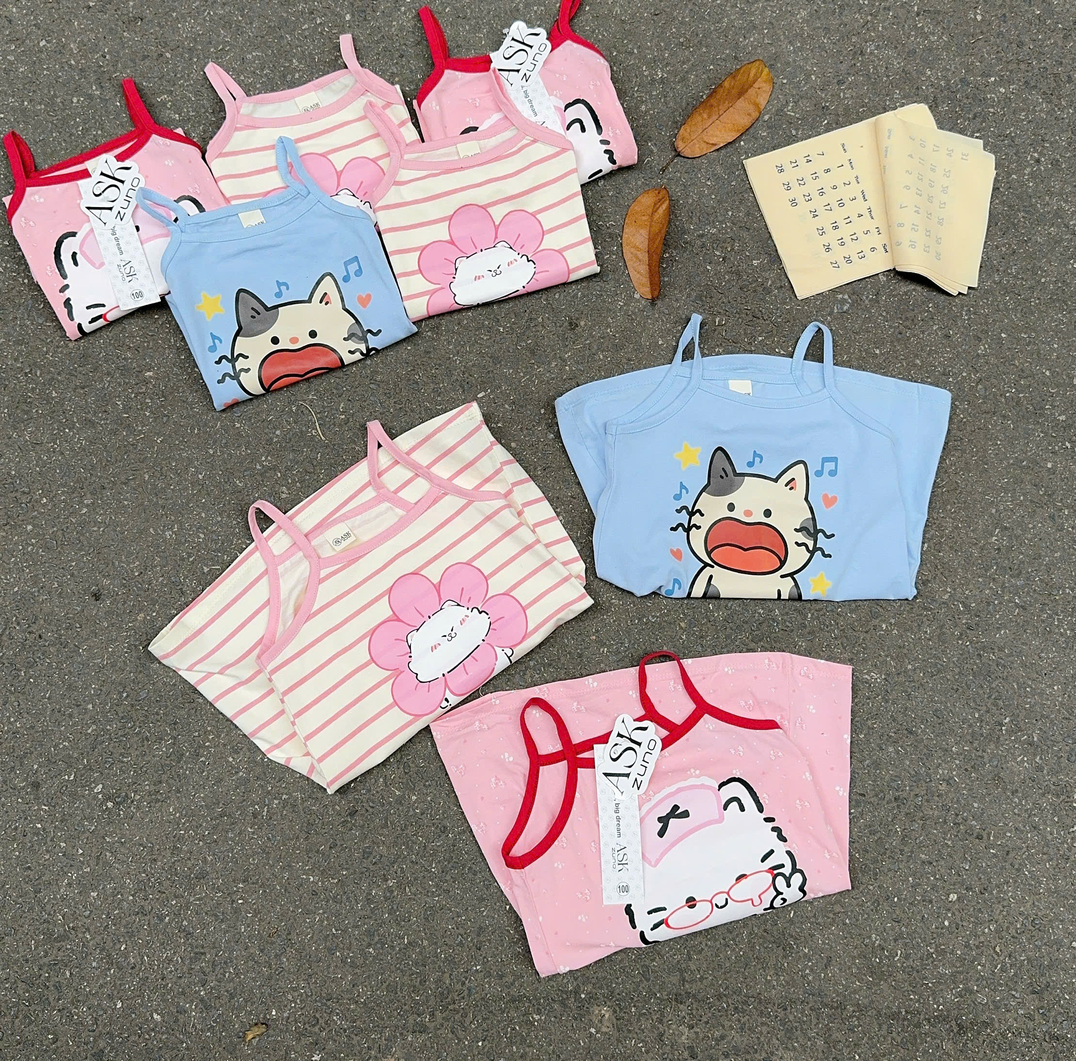 XẢ A516 - SET 3 VÁY 2 DÂY MÈO HỒNG XANH KẺ