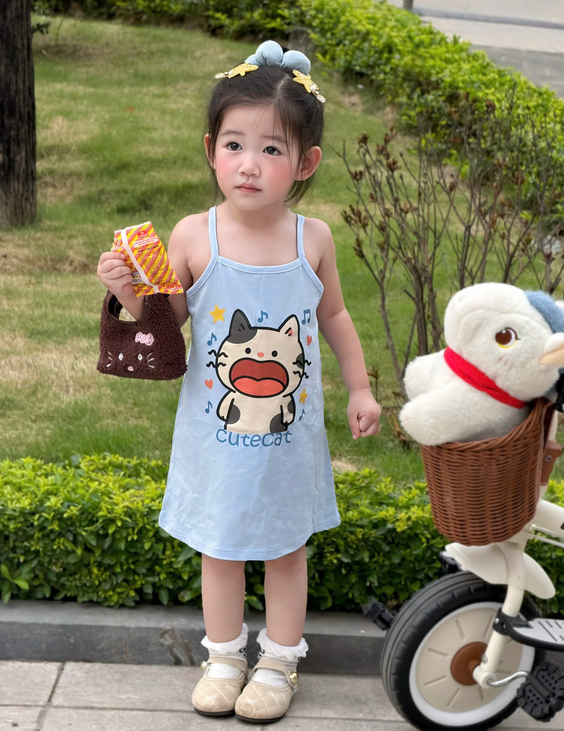XẢ A516 - SET 3 VÁY 2 DÂY MÈO HỒNG XANH KẺ