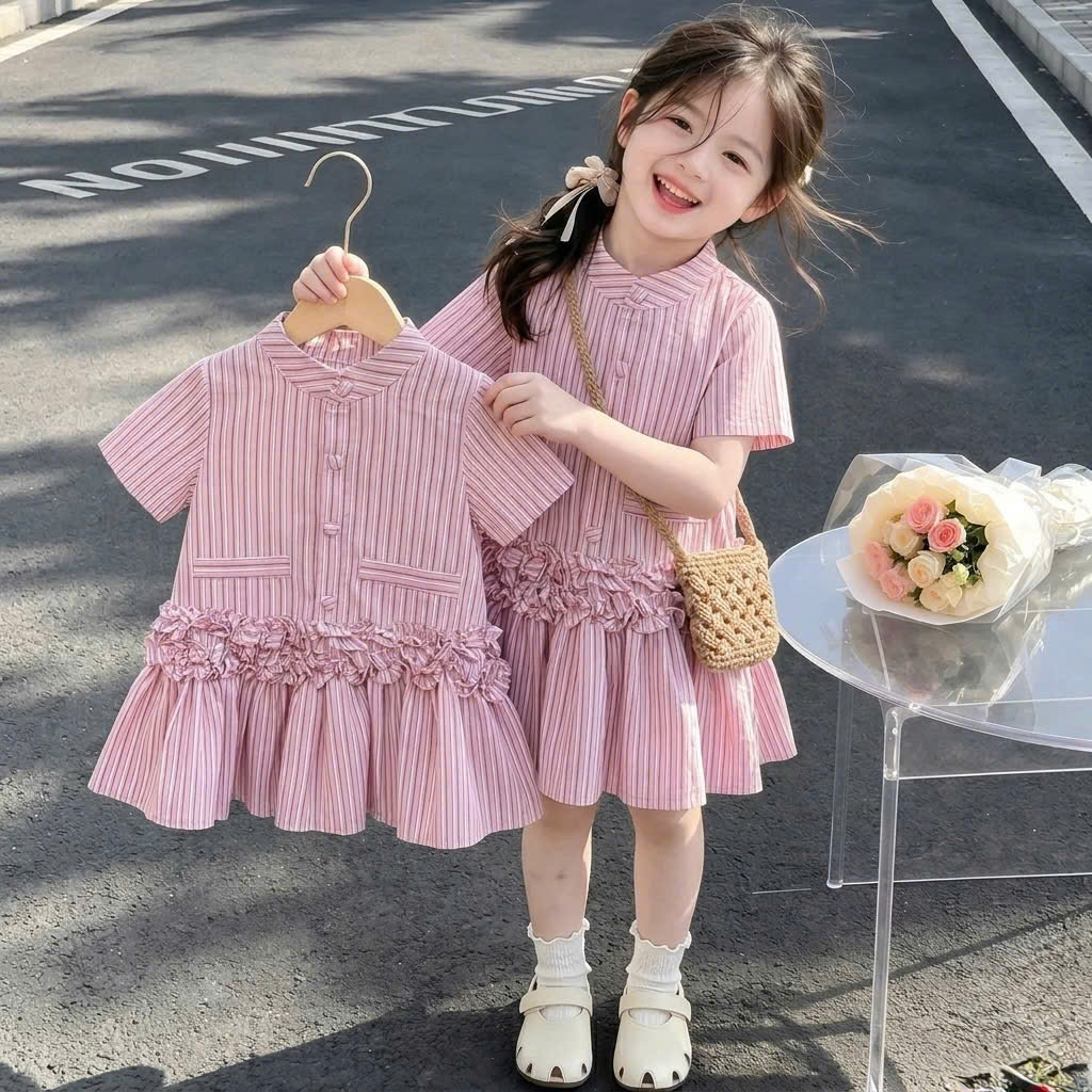 XẢ A518 - VÁY SUÔNG KẺ NHÚN BÈO HỒNG XANH