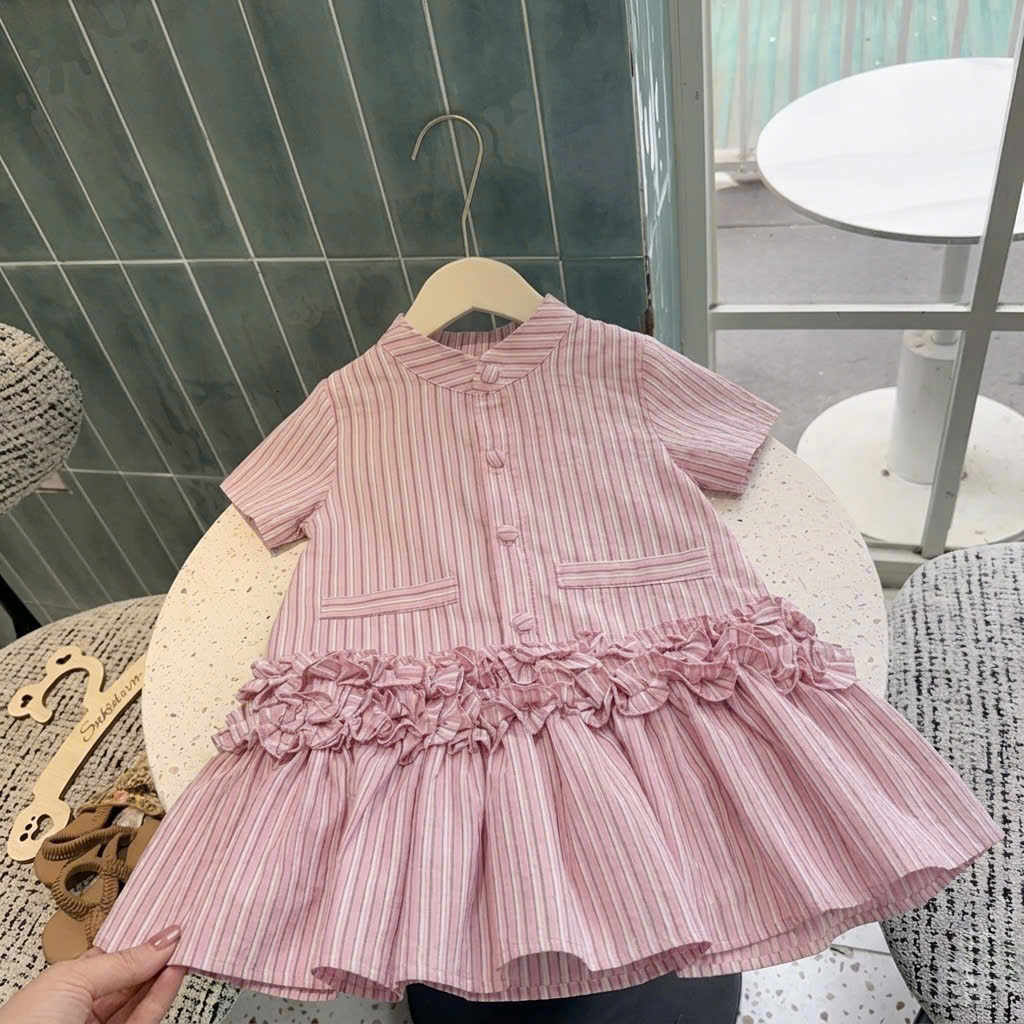 XẢ A518 - VÁY SUÔNG KẺ NHÚN BÈO HỒNG XANH