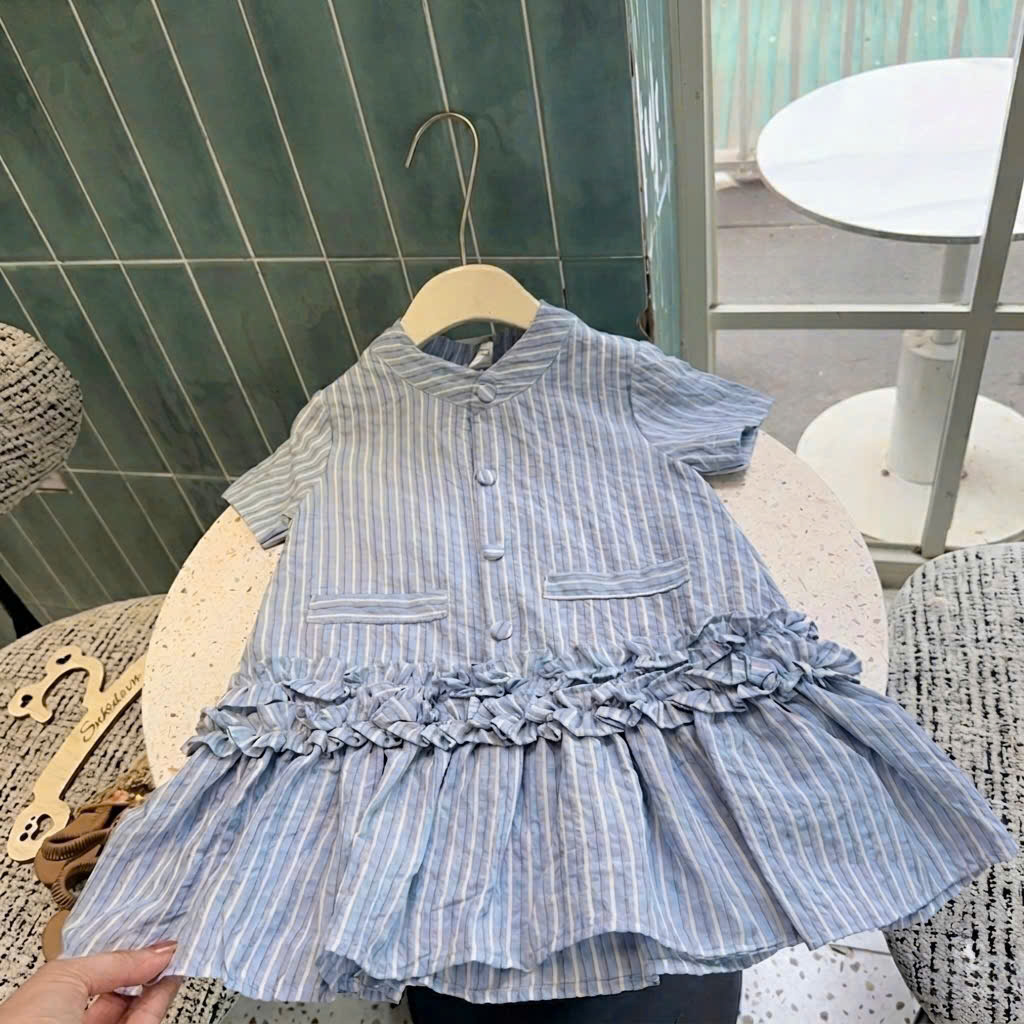 XẢ A518 - VÁY SUÔNG KẺ NHÚN BÈO HỒNG XANH