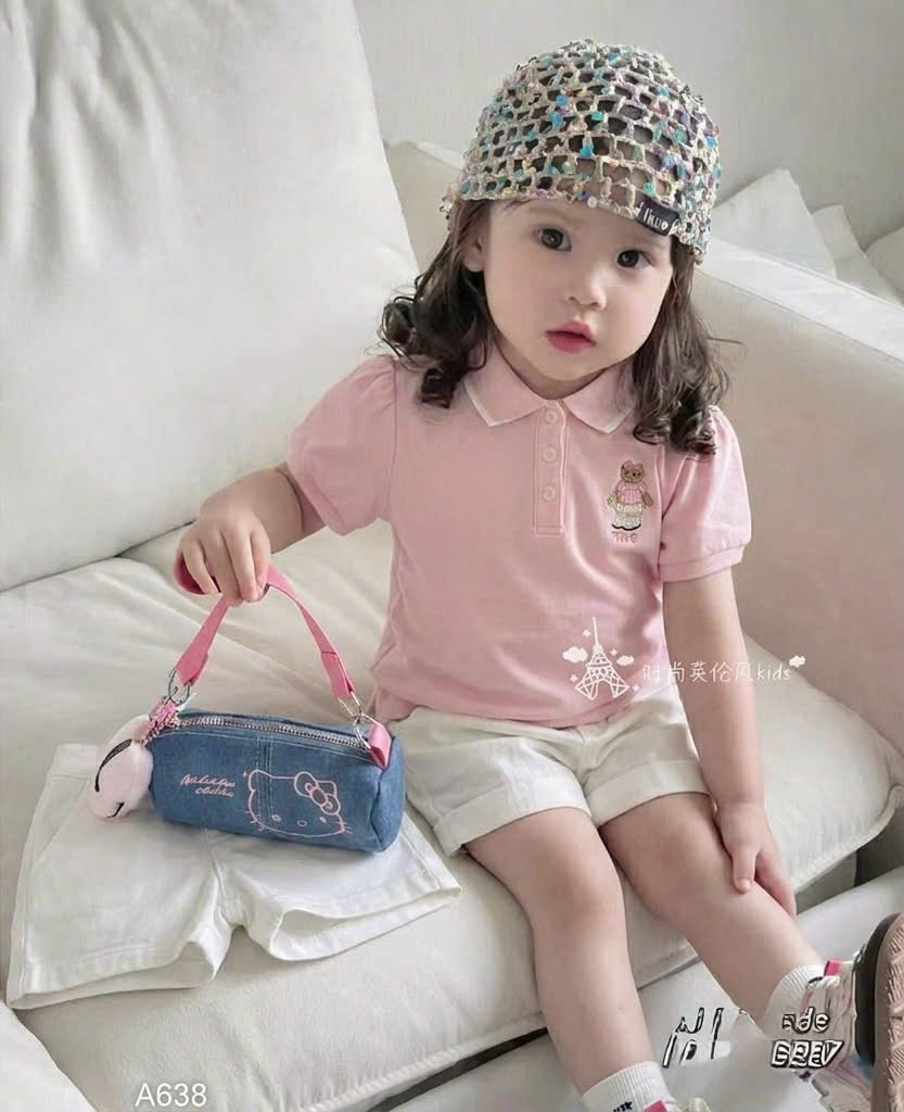XẢ A532 - SET ÁO POLO HỒNG GẤU QUẦN TRẮNG