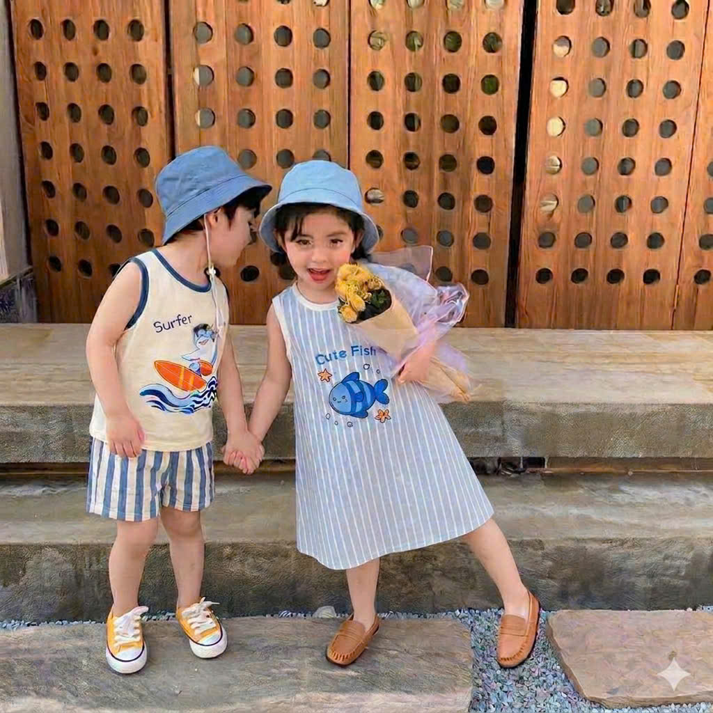XẢ A533 - SET ĐÔI TRAI GÁI CÁ KẺ XANH KÈM MŨ
