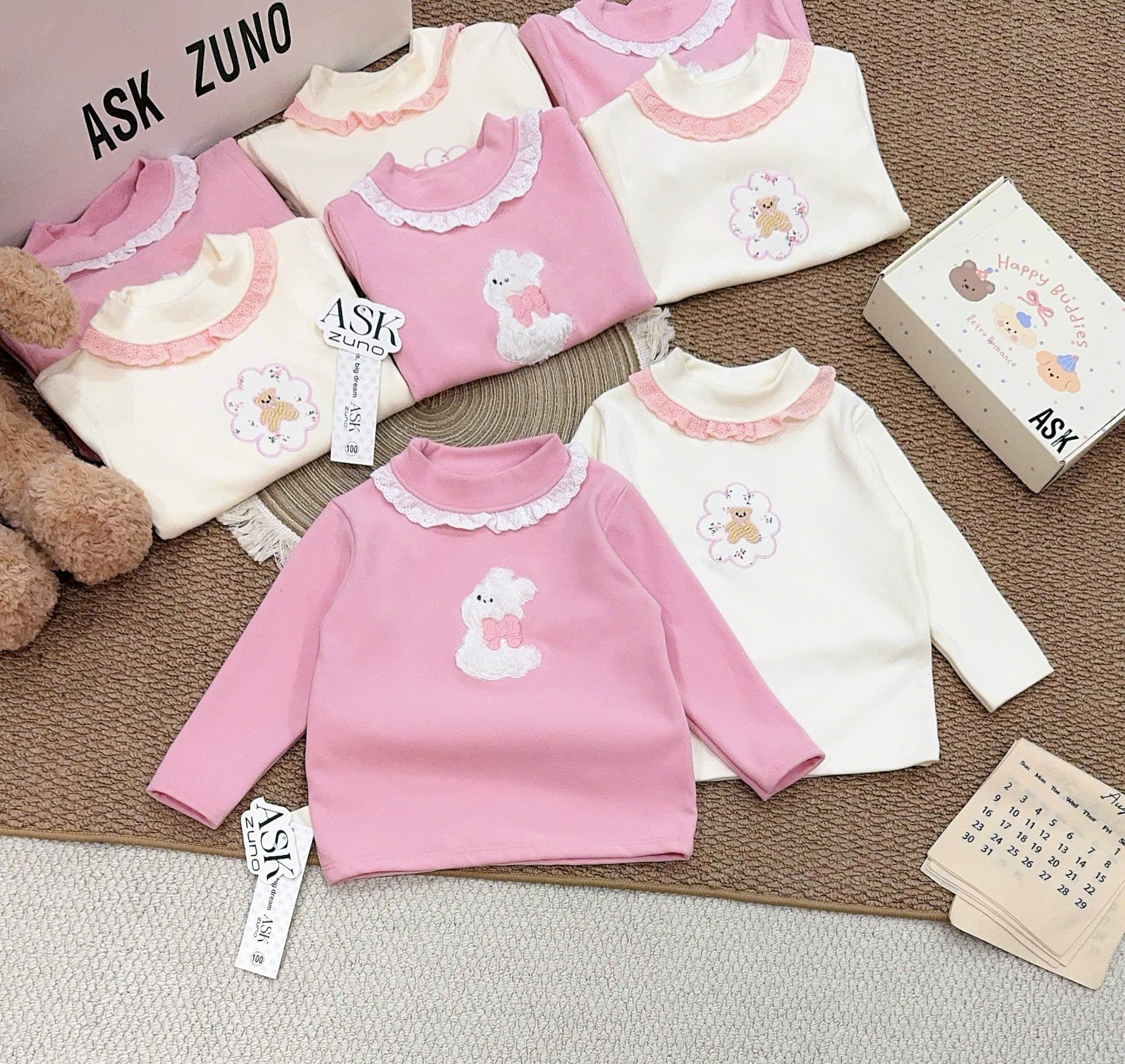 A555 - SET 2 ÁO ZIP LÔNG THÊU GẤU THỎ HỒNG KEM
