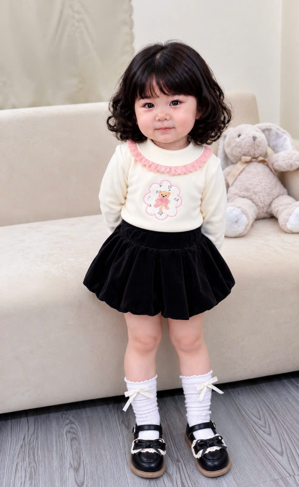 A555 - SET 2 ÁO ZIP LÔNG THÊU GẤU THỎ HỒNG KEM