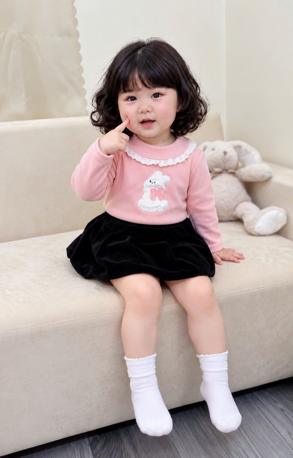 A555 - SET 2 ÁO ZIP LÔNG THÊU GẤU THỎ HỒNG KEM