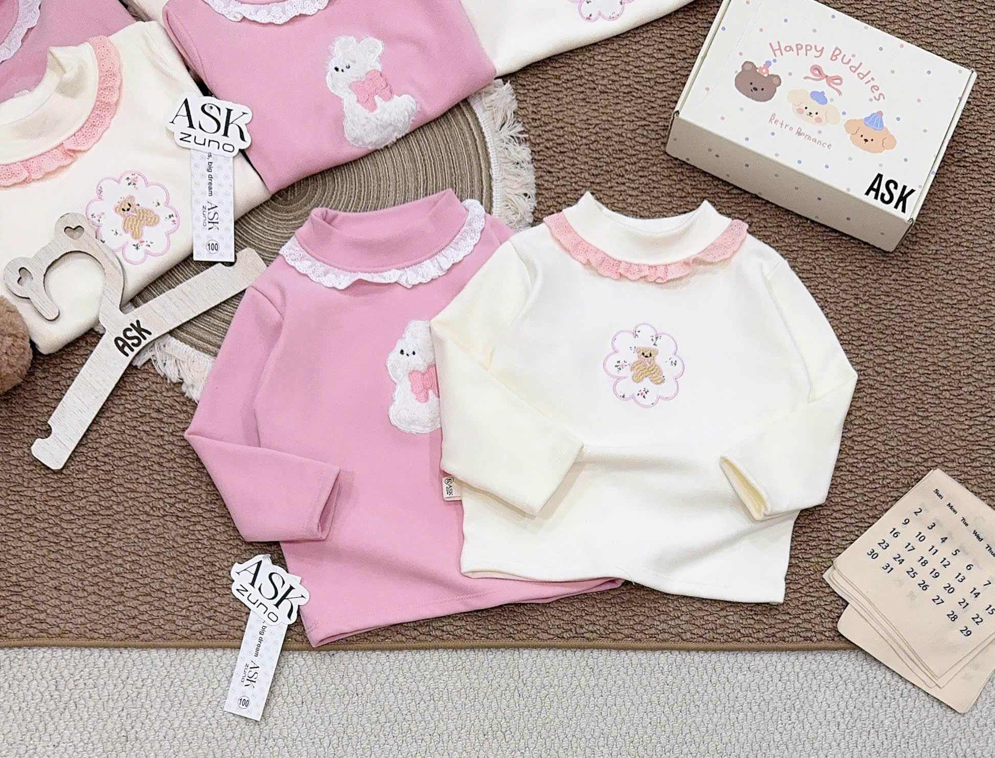 A555 - SET 2 ÁO ZIP LÔNG THÊU GẤU THỎ HỒNG KEM