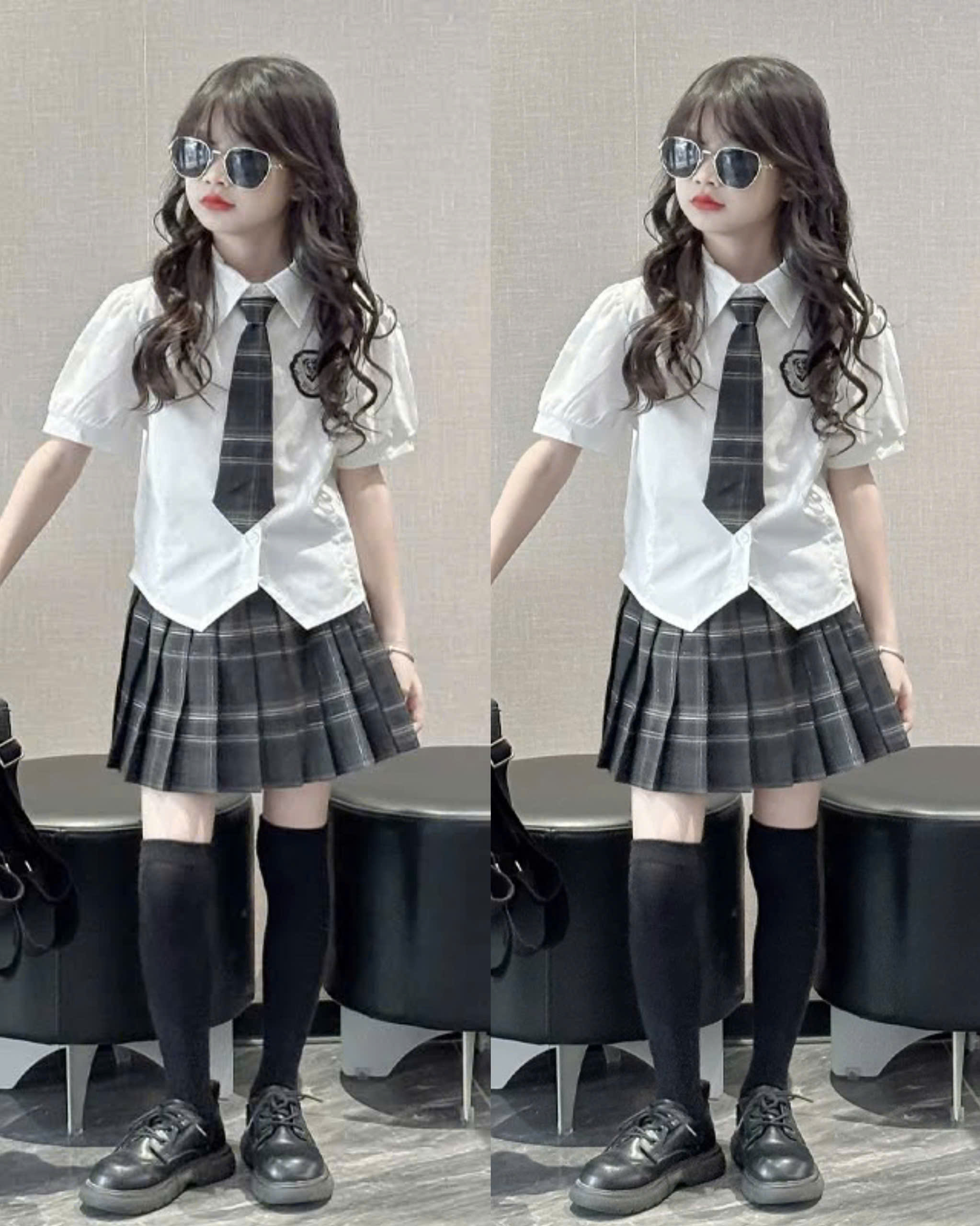 A599 - SET SƠ MI TRẮNG LOGO CAVAT DÀI CV XẾP LY KẺ