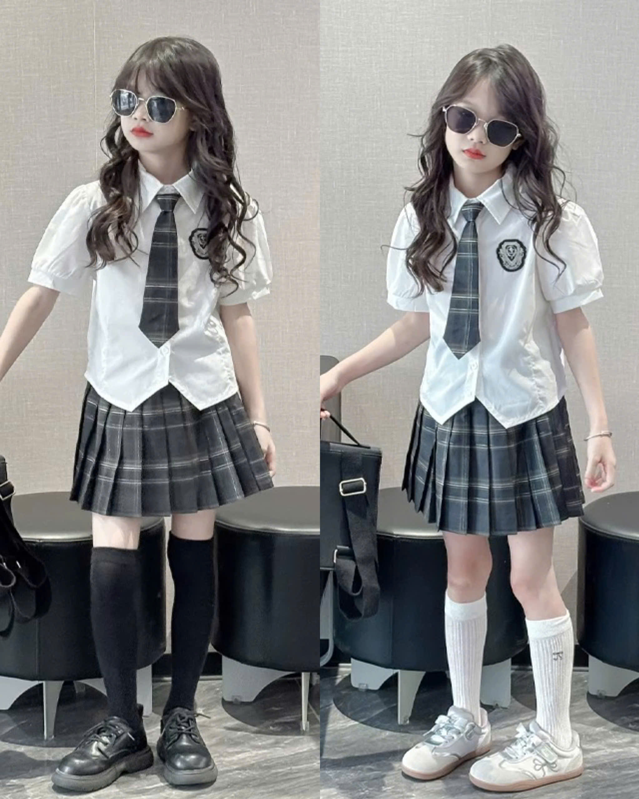 A599 - SET SƠ MI TRẮNG LOGO CAVAT DÀI CV XẾP LY KẺ