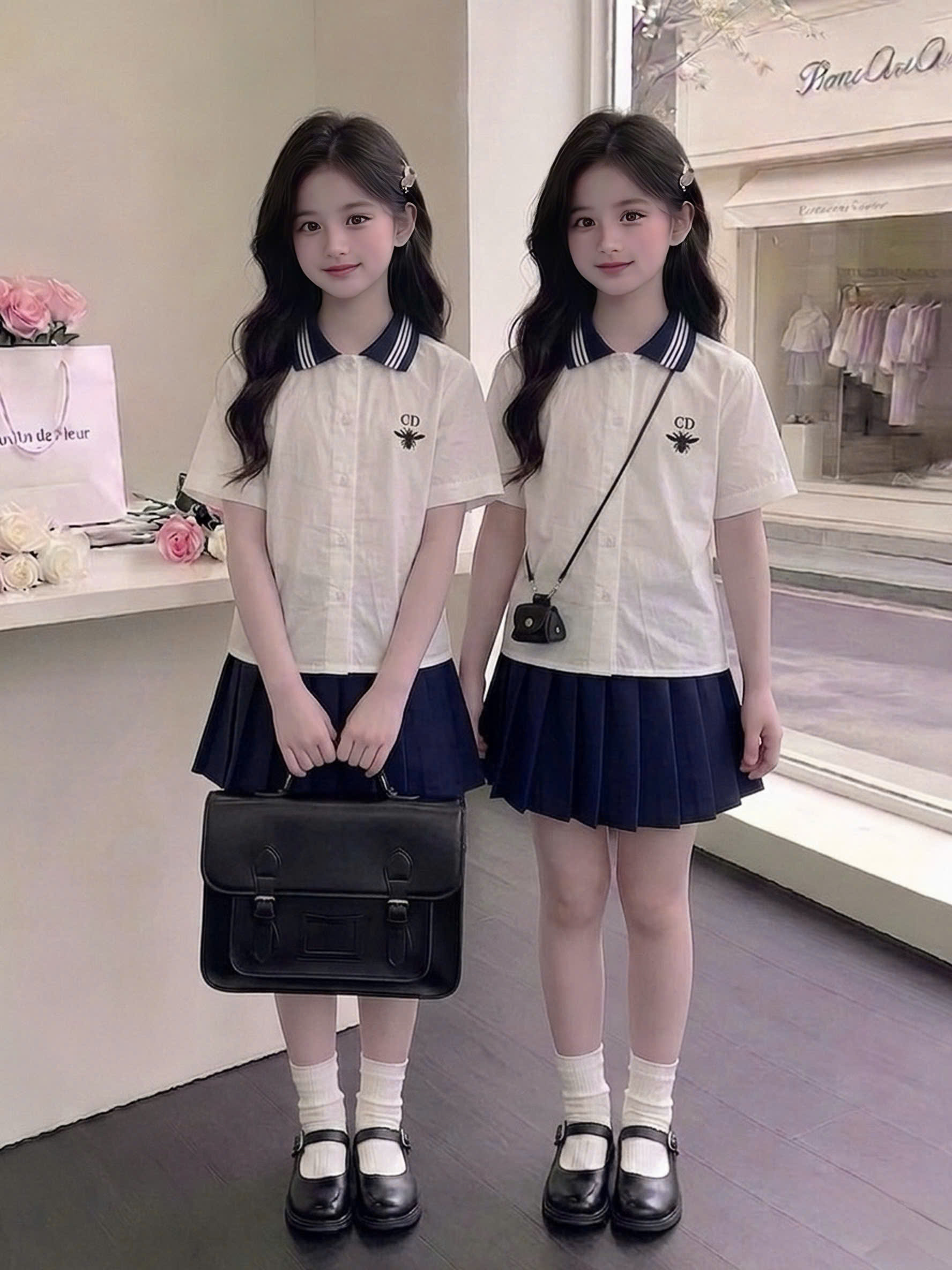 A603 - SET SƠ MI TRẮNG THÊU NGỰC CHỮ CD CV THAN