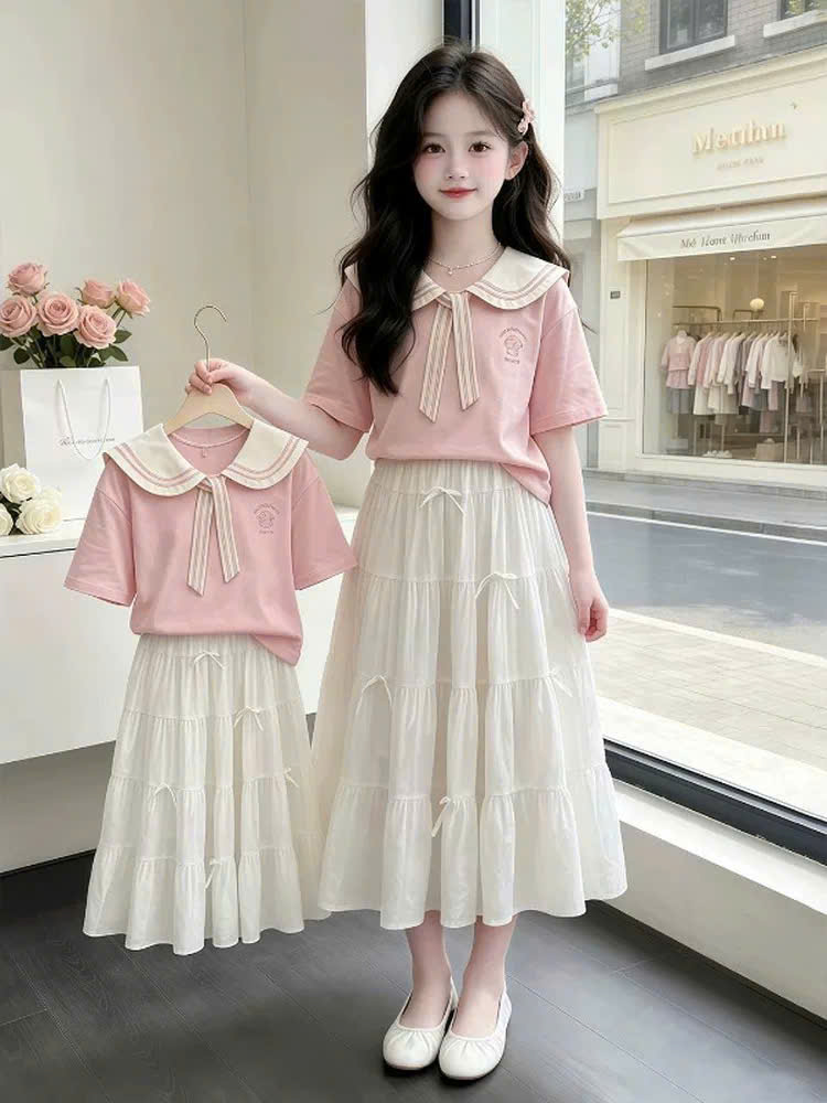 A607 - SET ÁO HỒNG CỘC TAY CỔ THỦY THỦ CV TRẮNG DÀI